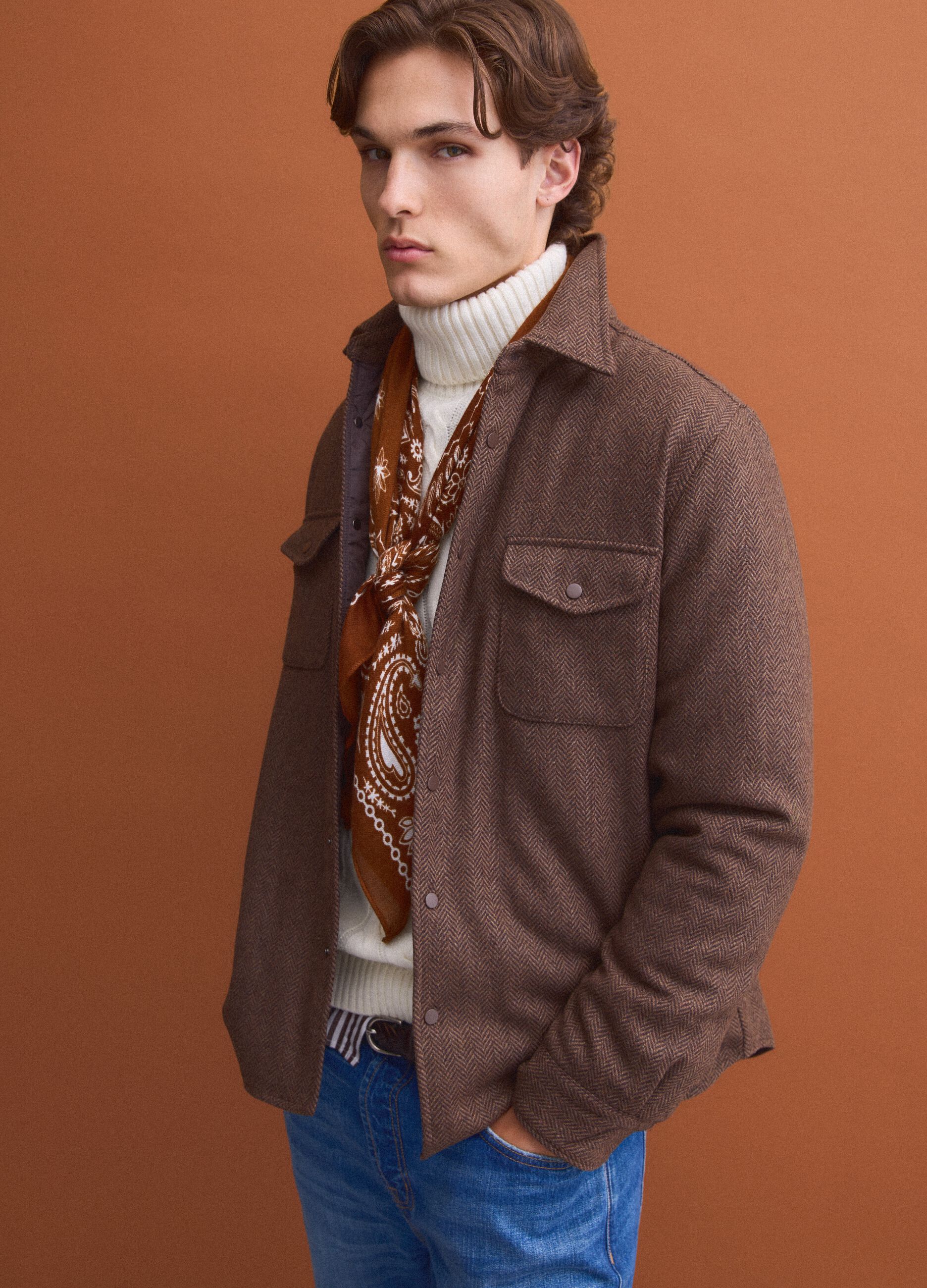 Brown wool-viscose blend shacket