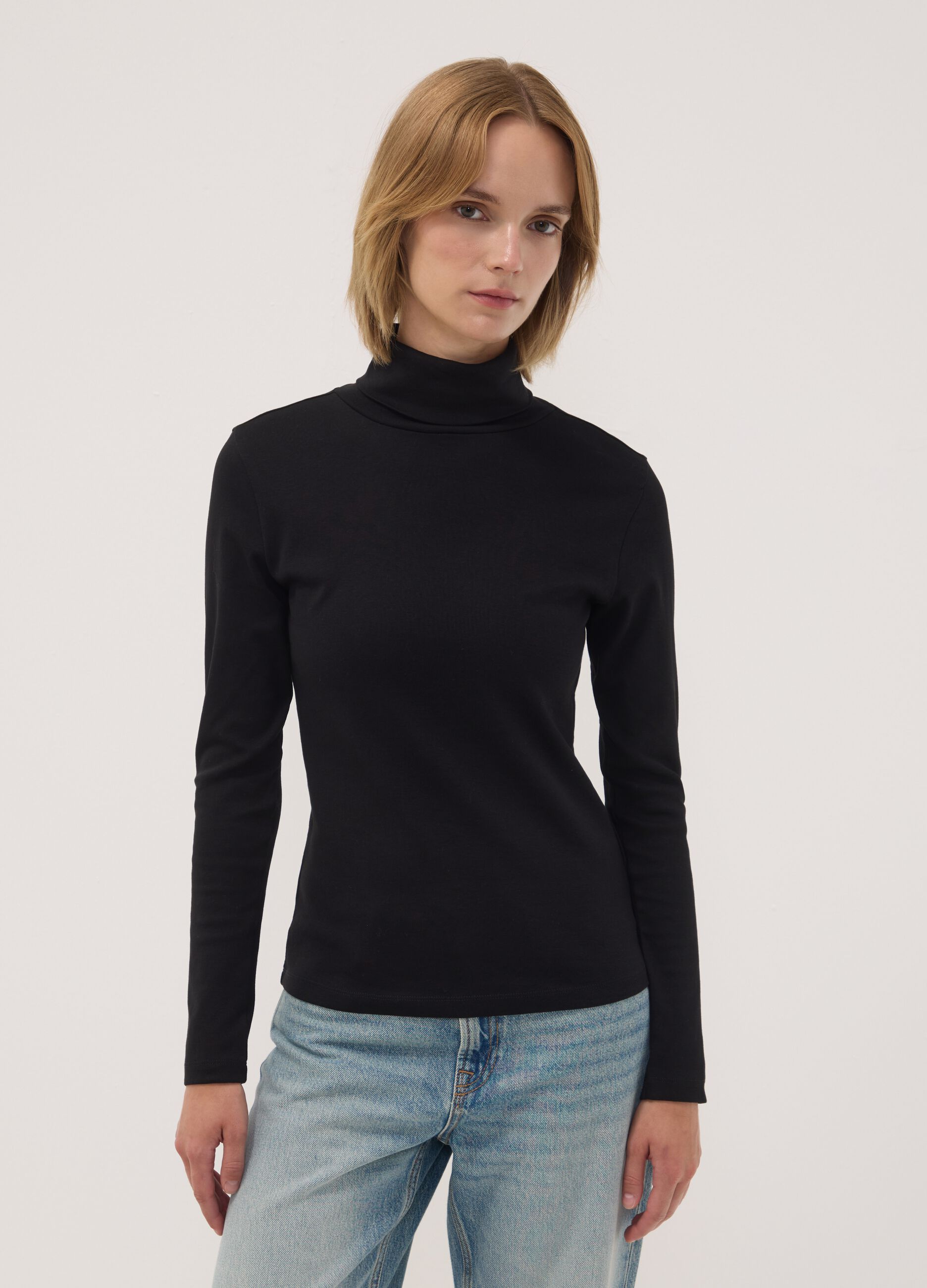 Black pure cotton long-sleeve crew-neck T-shirt