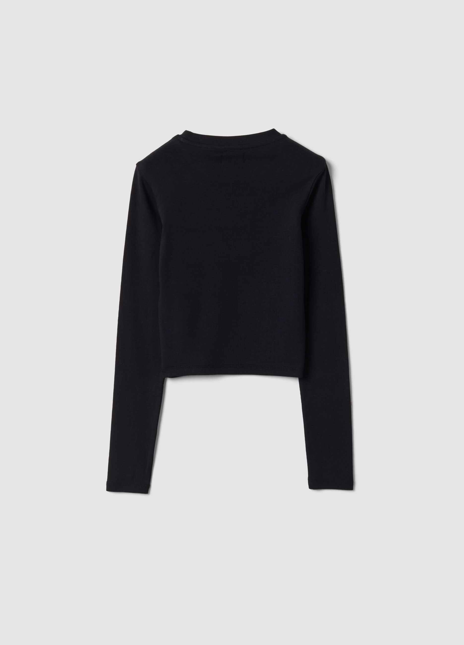 T-shirt nera in cotone organico elasticizzato con collo a costine