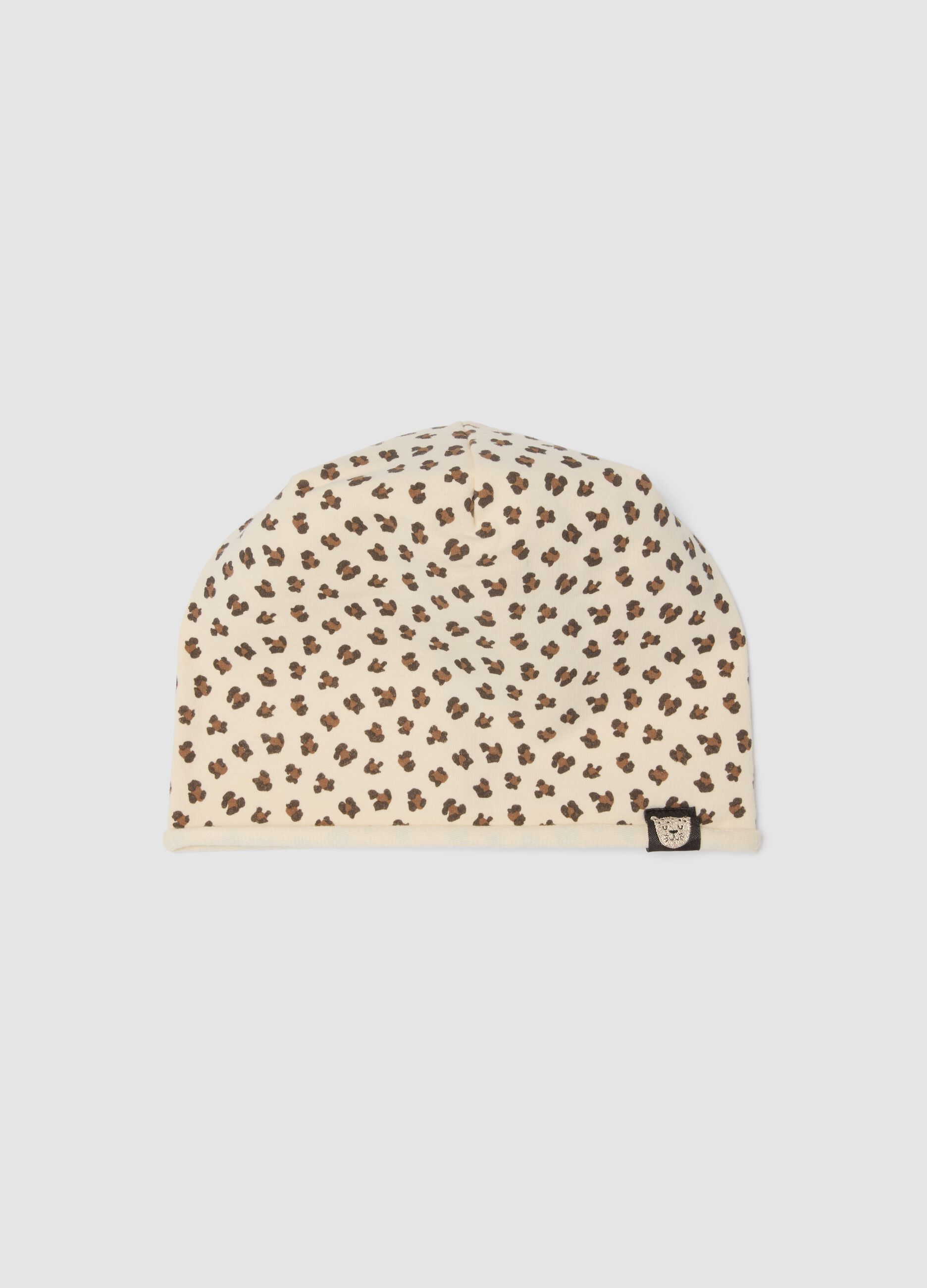 Beige stretch cotton hat with animal print for girls
