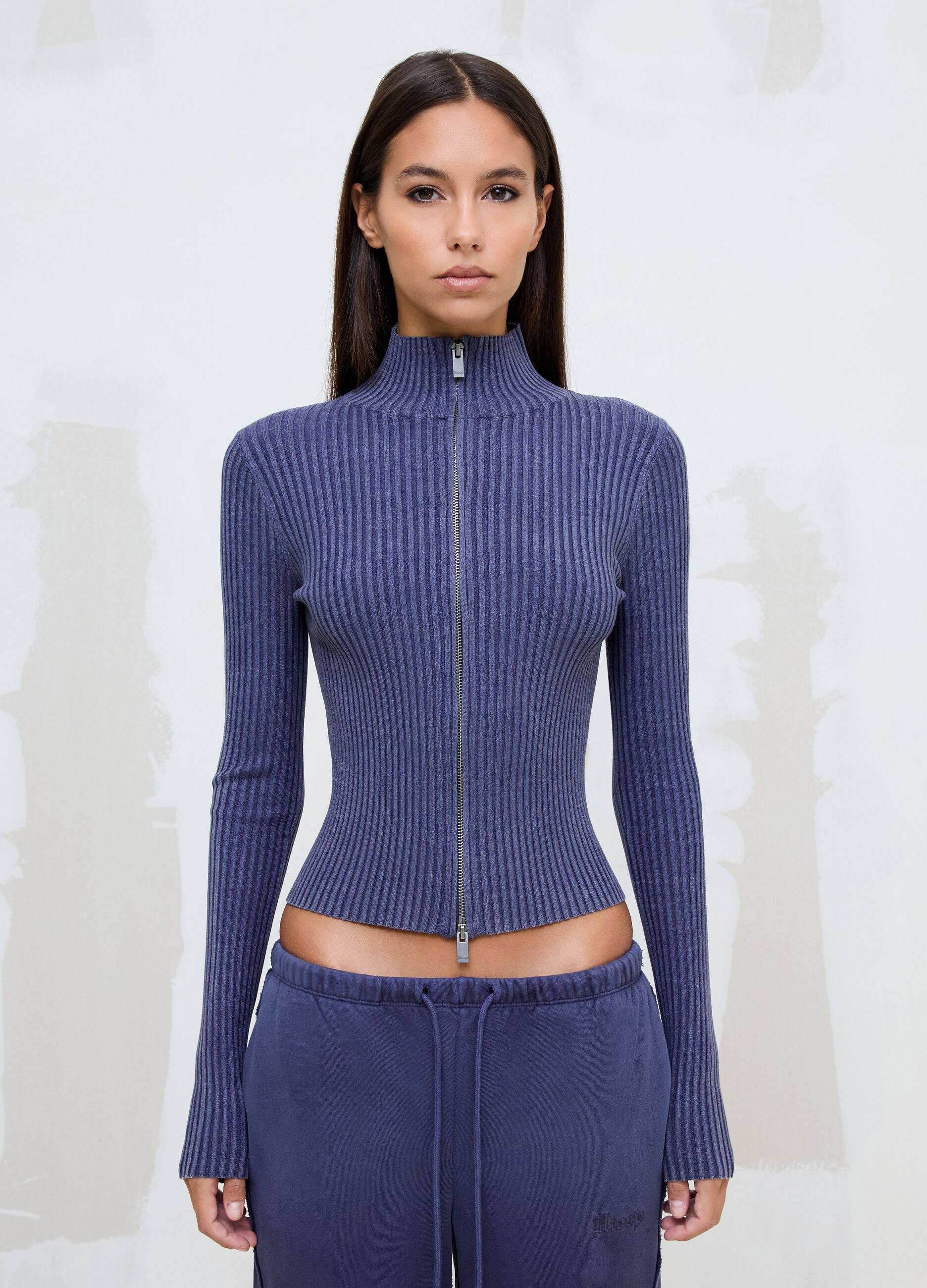 Twilight Blue Full-Zip Ribbed Knit