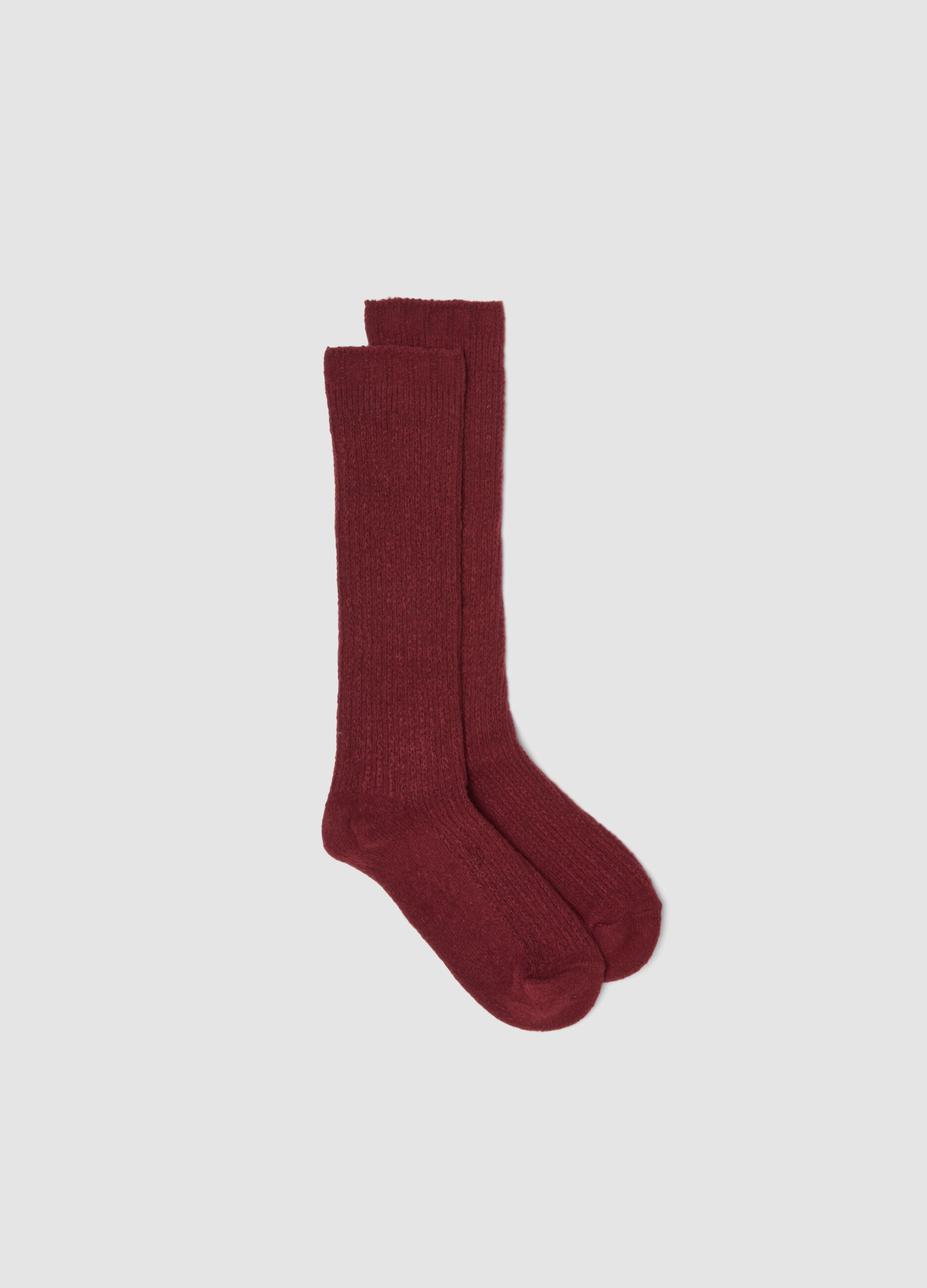 Burgundy red knee-high socks in stretch fabric
