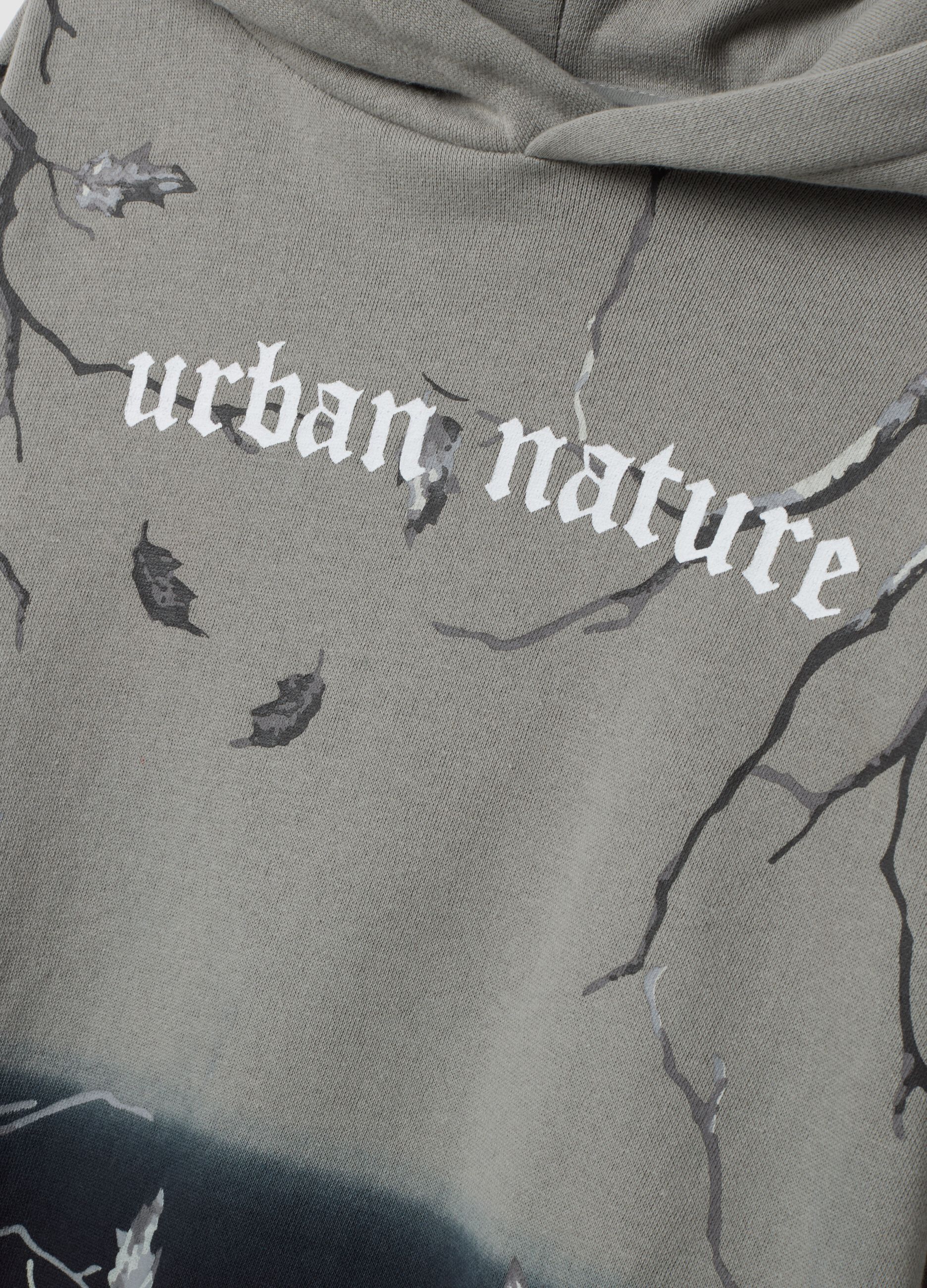 Light grey and navy cotton-blend hoodie with botanical print