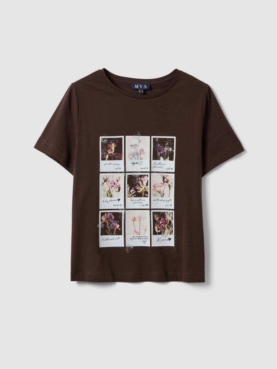 Brown pure cotton T-shirt with floral print, regular fit_4