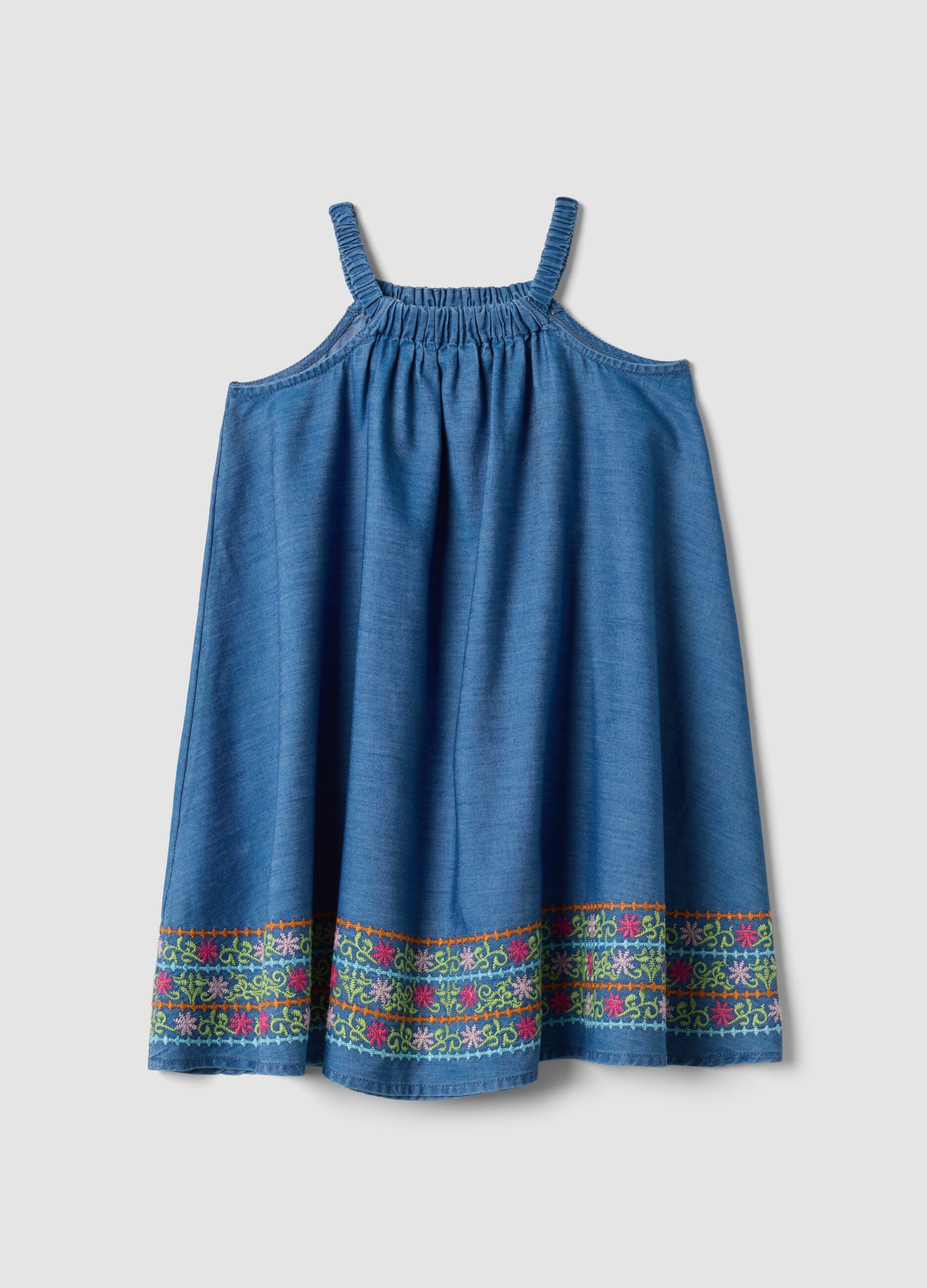 Blue pure lyocell dress with straps and hem embroidery
