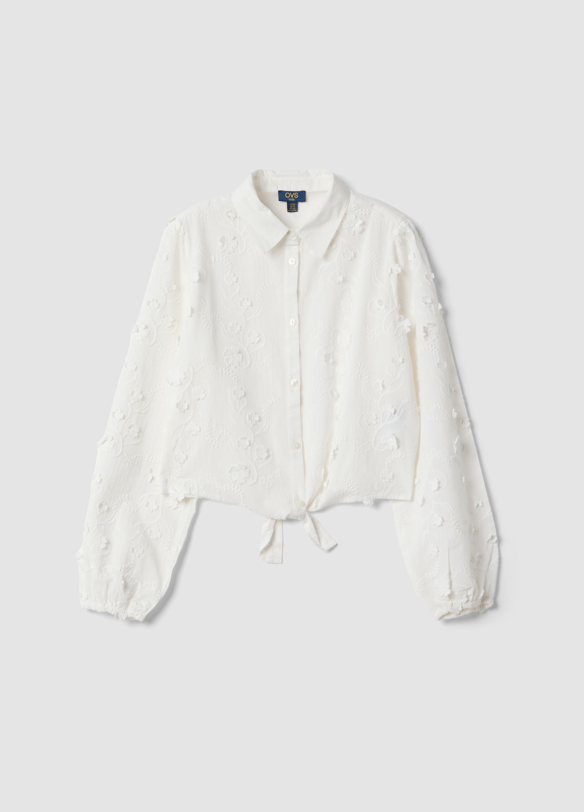 White pure cotton poplin shirt with floral embroidery