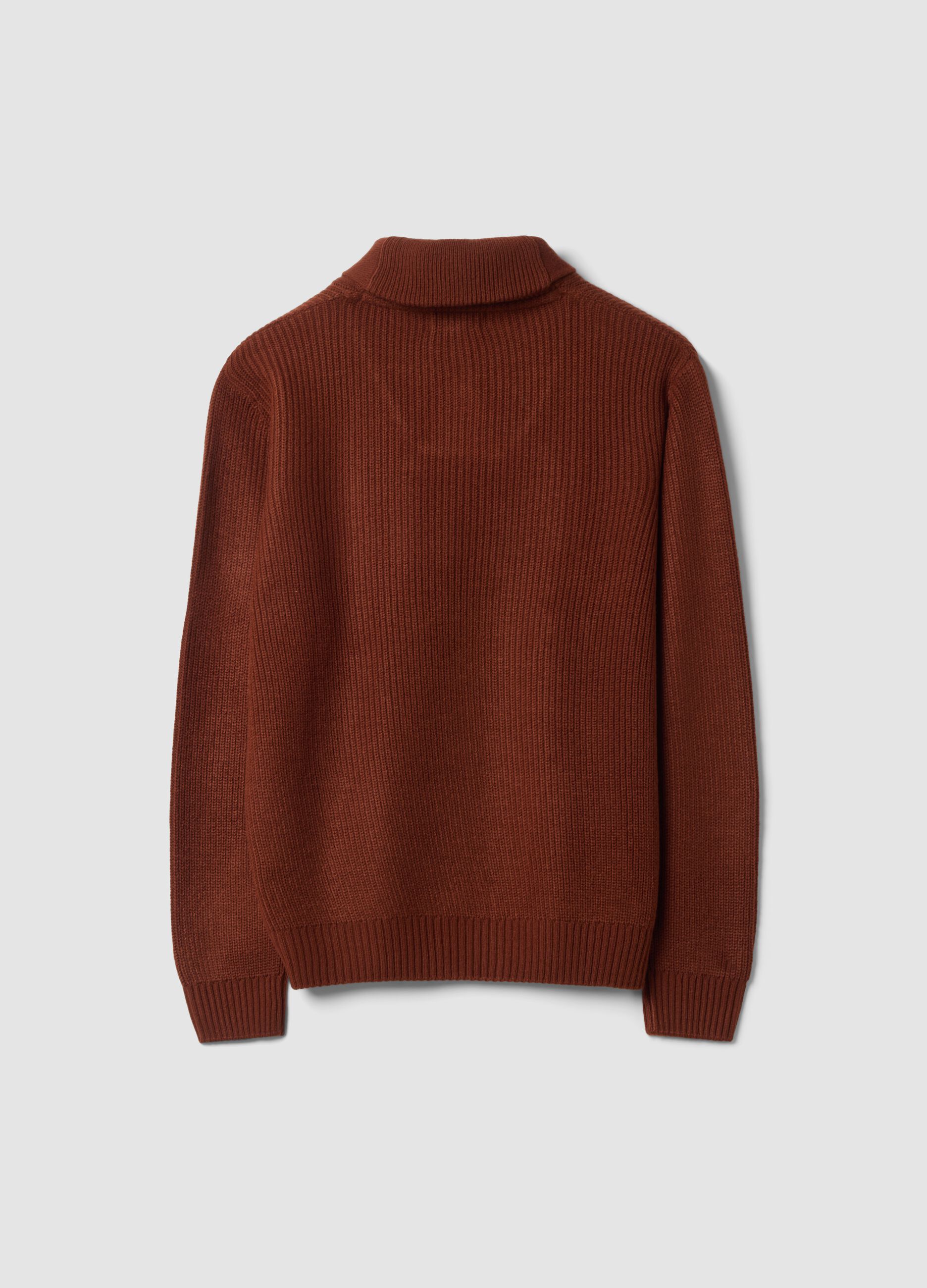 Brown ribbed jumper with shawl collar, regular fit