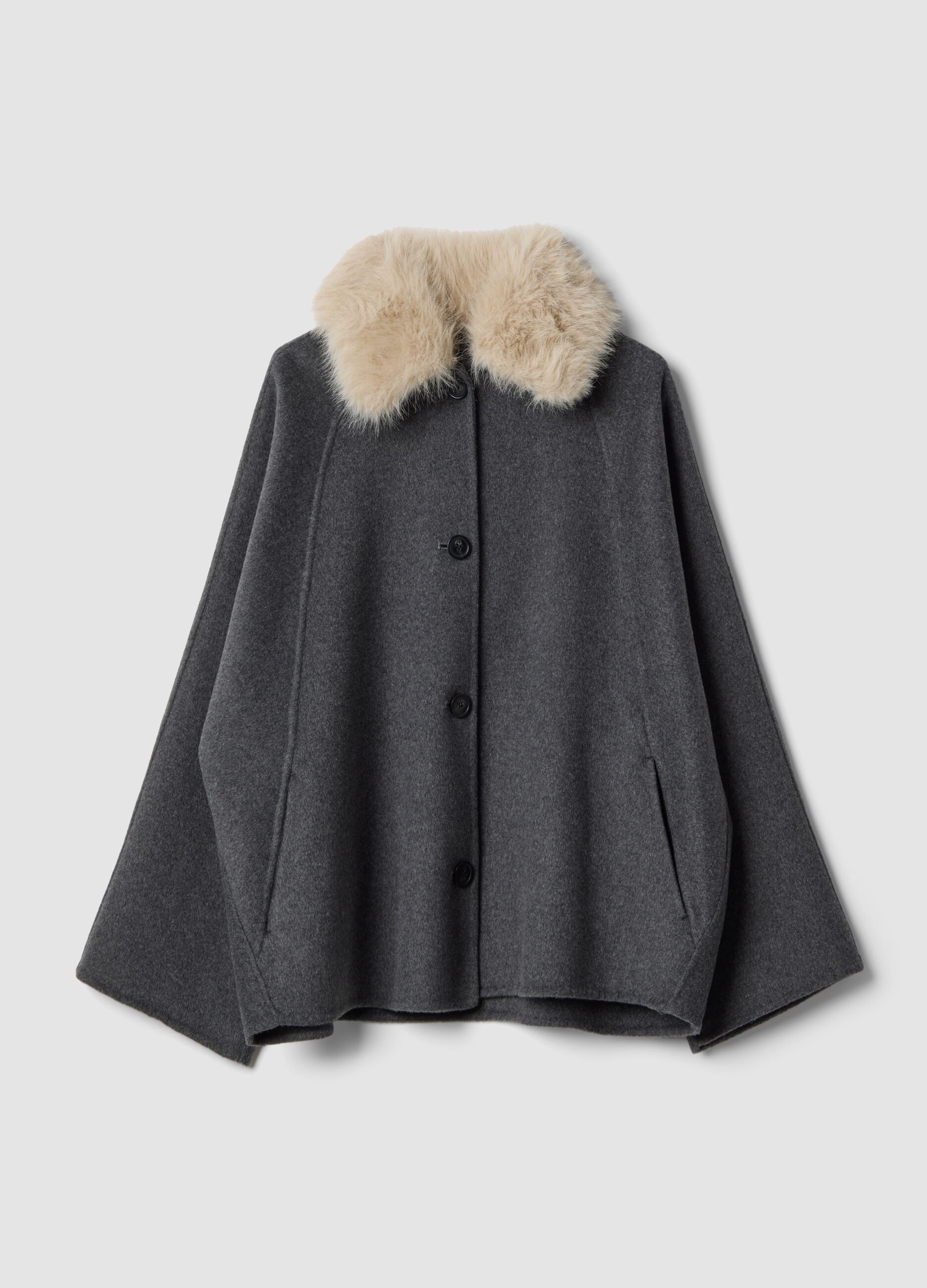 Grey wool and viscose-blend shacket with faux-fur collar