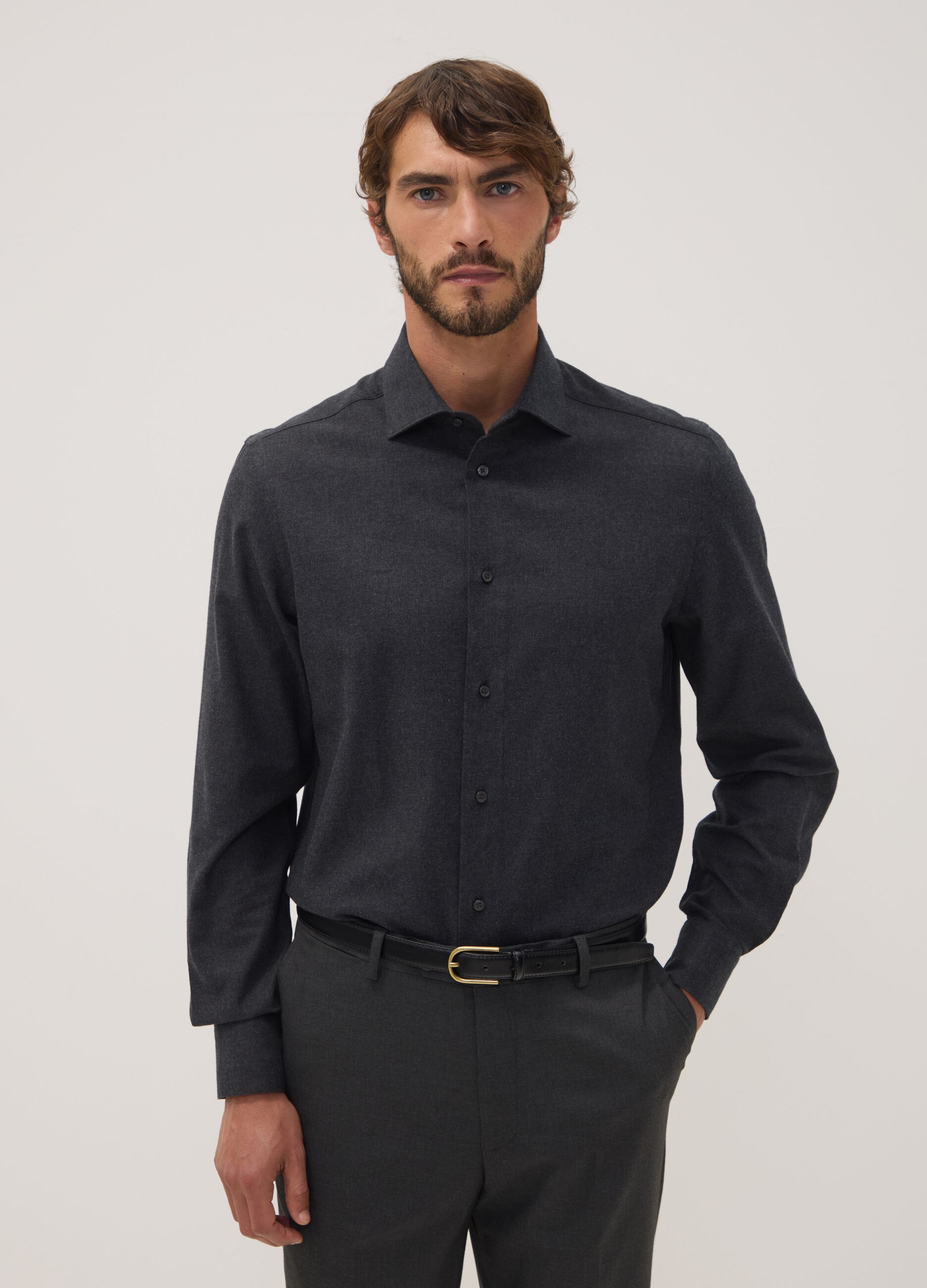 Grey pure cotton twill shirt, regular fit