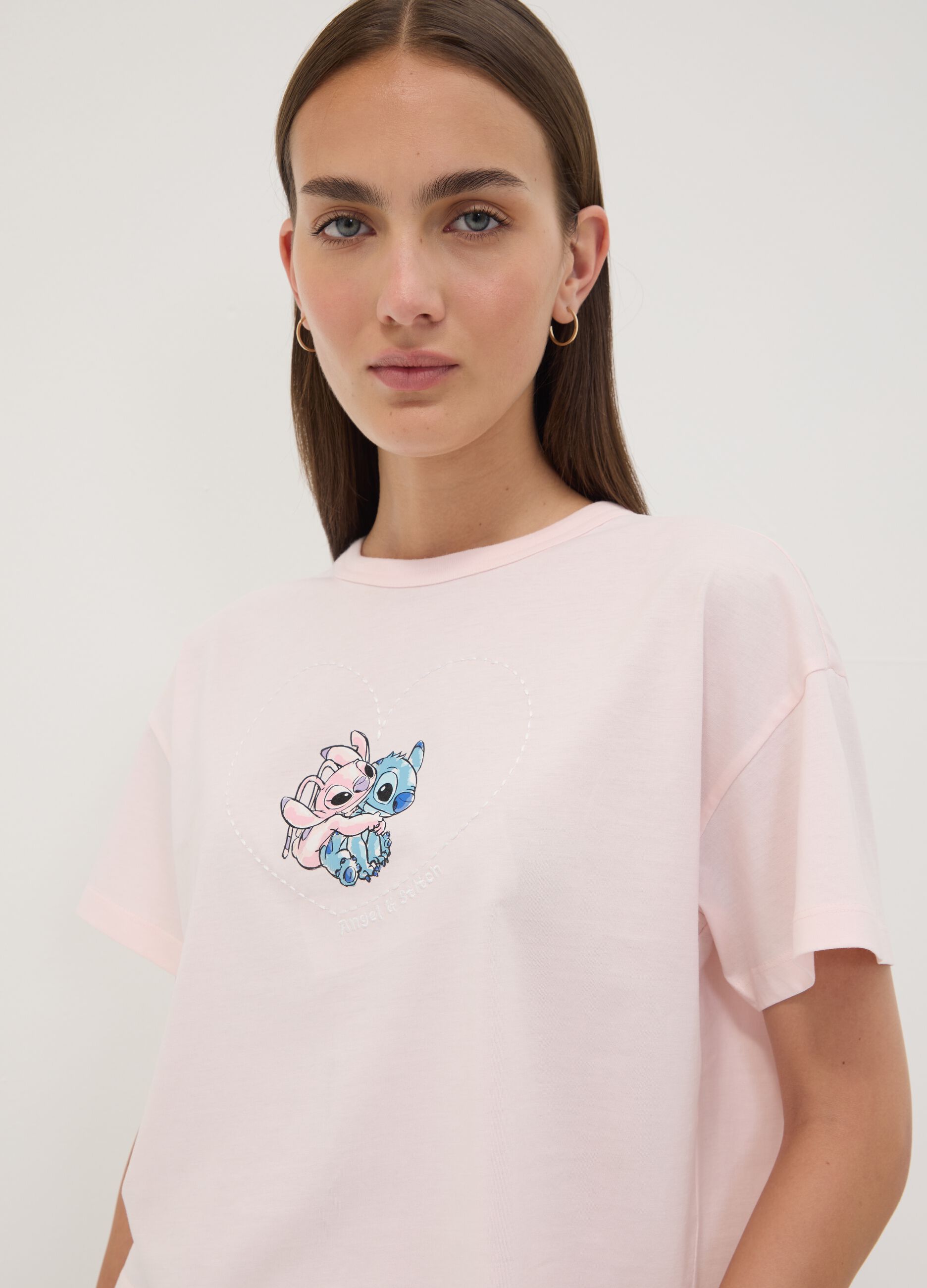 Pink pure cotton Lilo & Stitch print T-shirt, regular fit