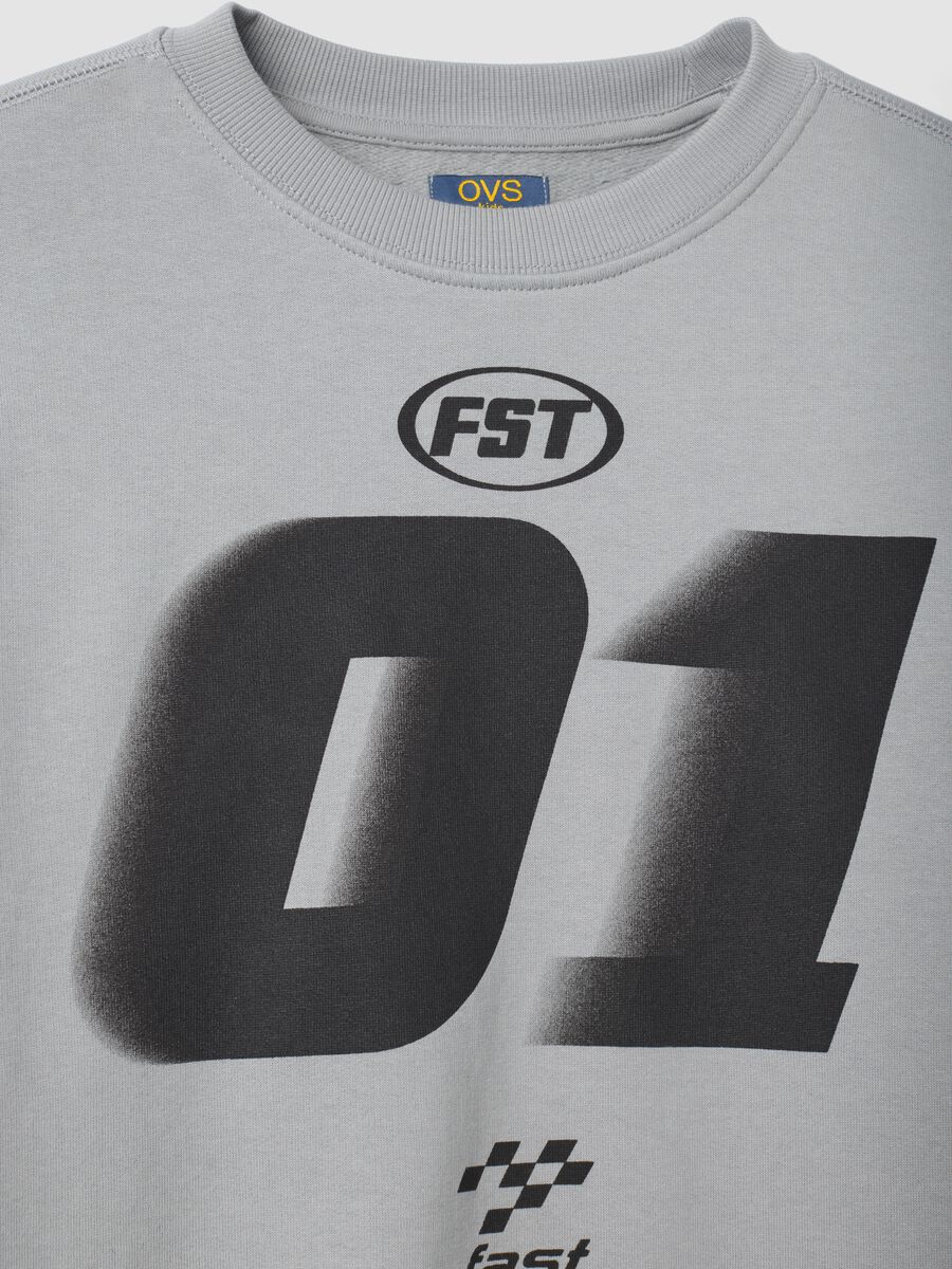 Grey crew-neck sweatshirt in pure organic cotton with racing graphic, relaxed fit_2
