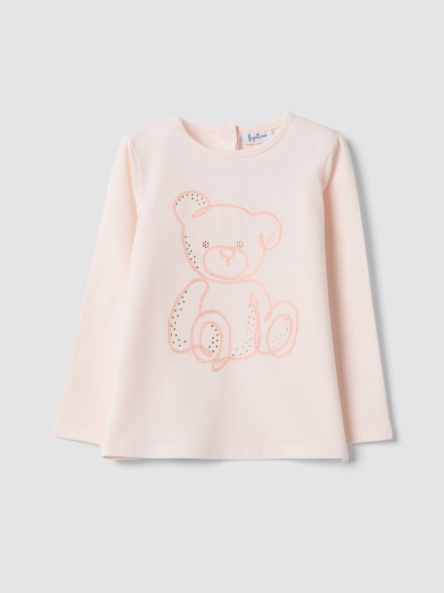 Pink stretch organic cotton T-shirt with teddy bear embroidery_0