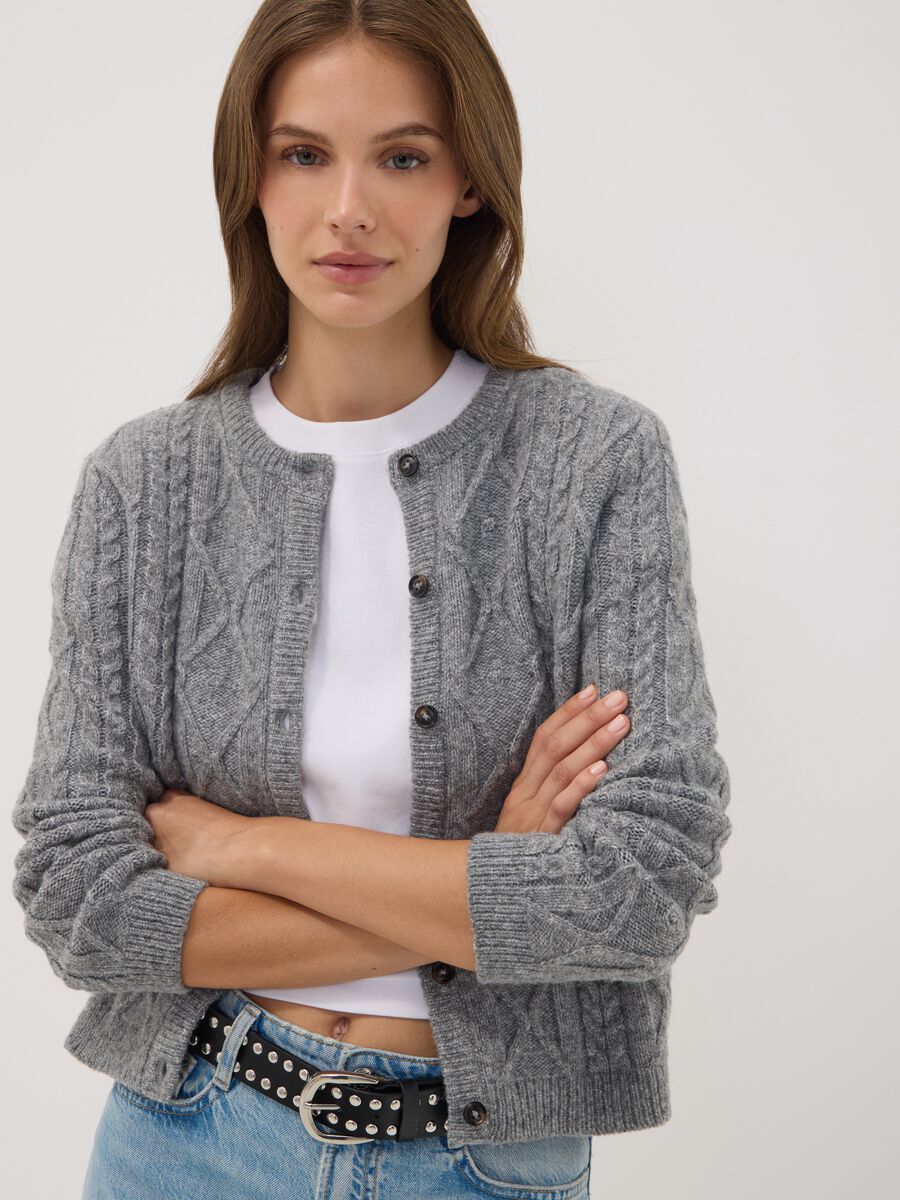 Grey cable-knit wool-blend cardigan_1