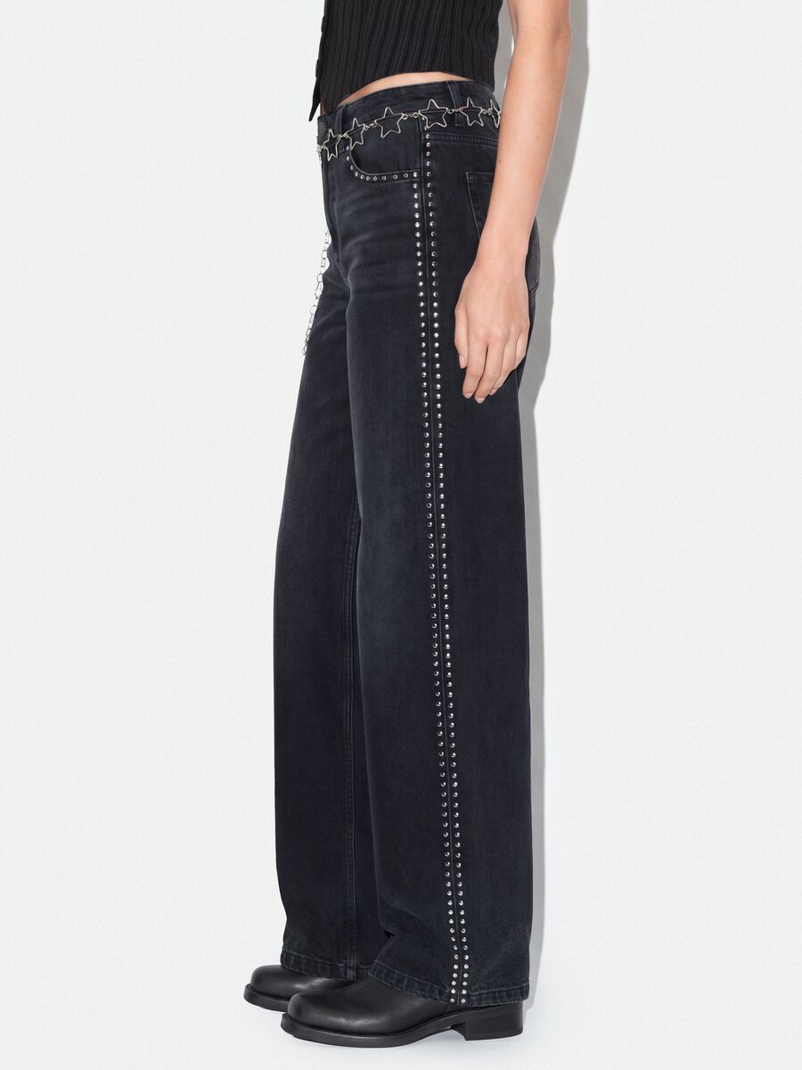 Black pure cotton wide-leg jeans with studs_2
