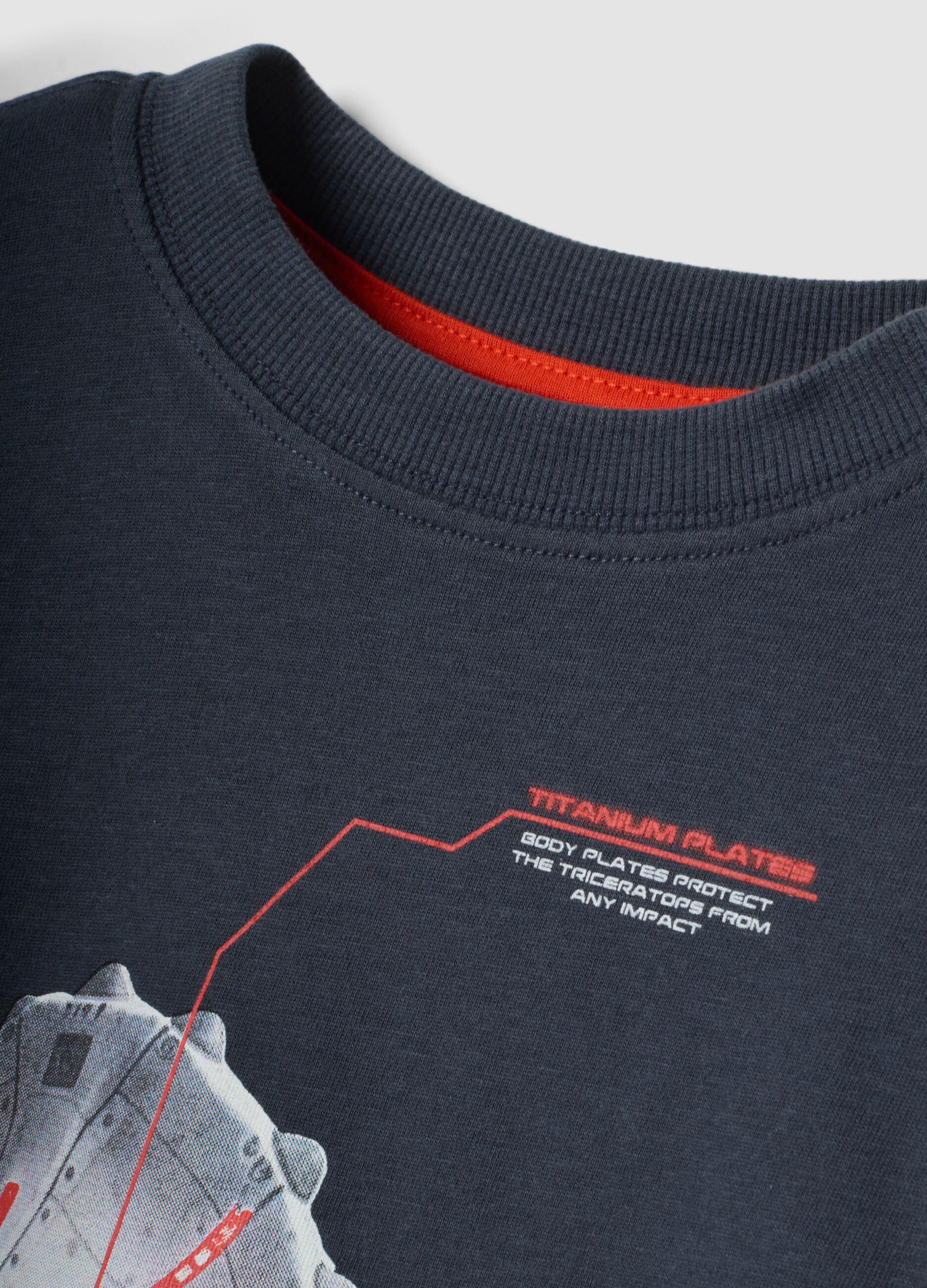 T-shirt grigia girocollo in puro cotone organico con stampa dinosauro