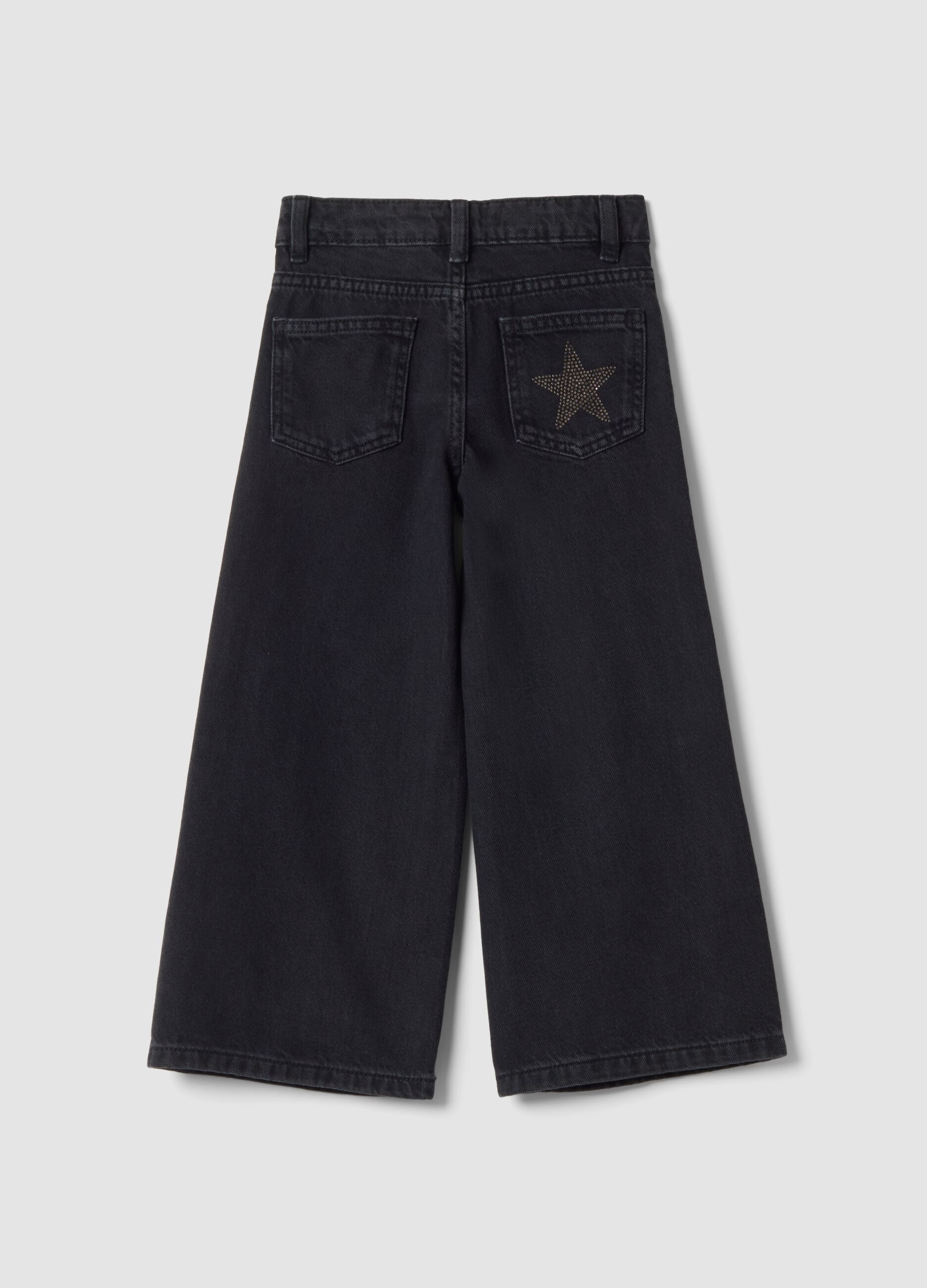 Blue wide-leg pure cotton jeans with star details