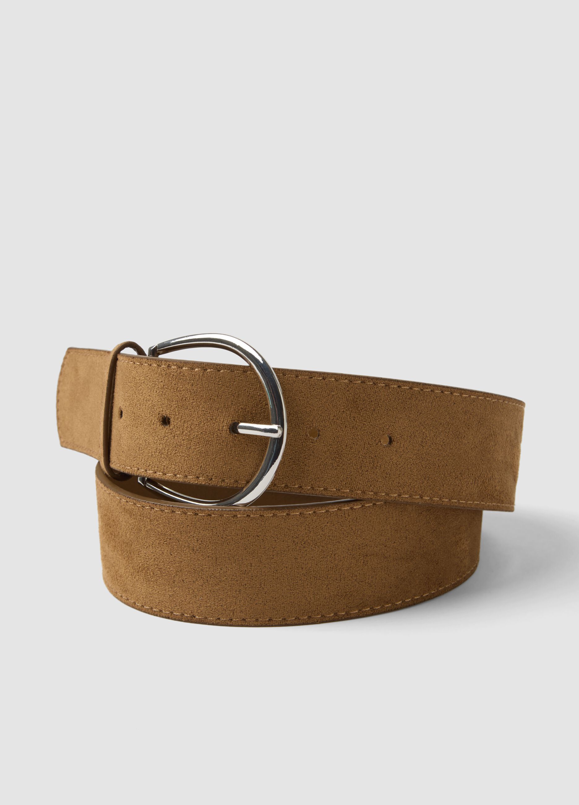 Brown belt with round metal buckle
