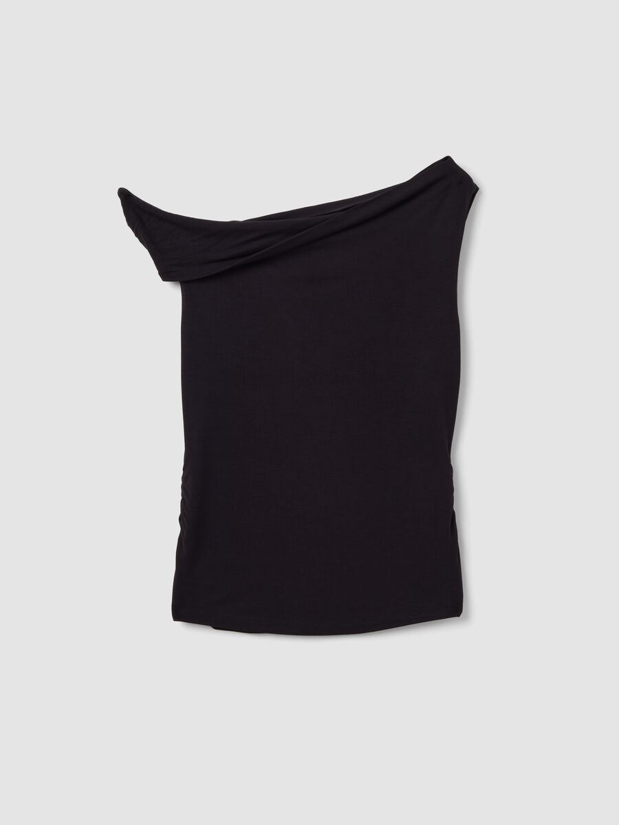 Black asymmetric one-shoulder slim-fit stretch viscose top_4