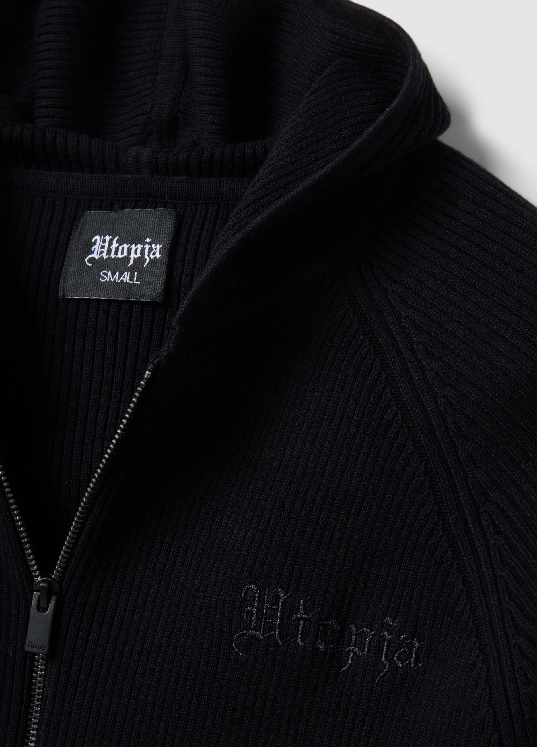 Black Ribbed Knit Hoodie