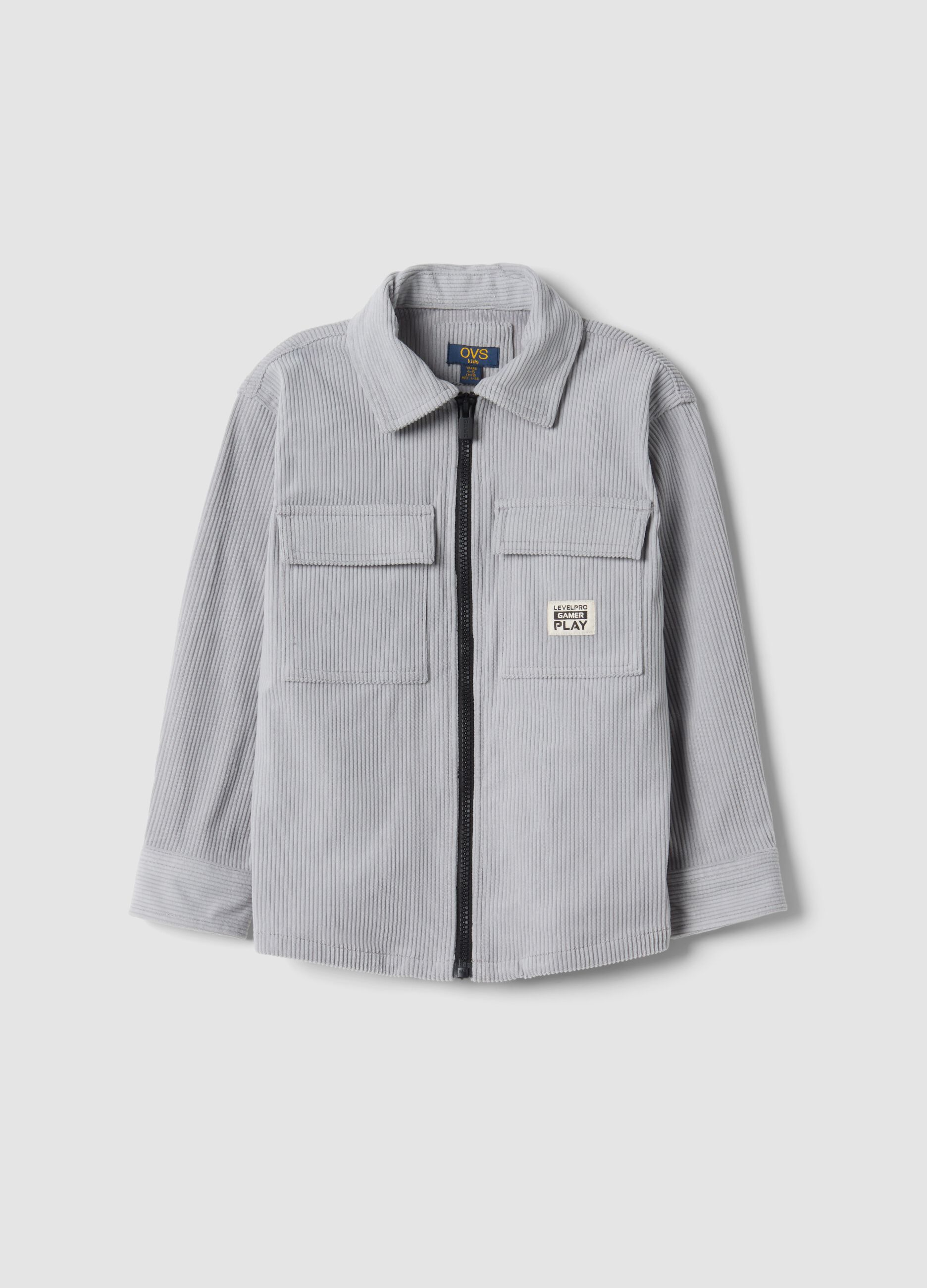 Camicia grigia a coste con zip e colletto classico over fit