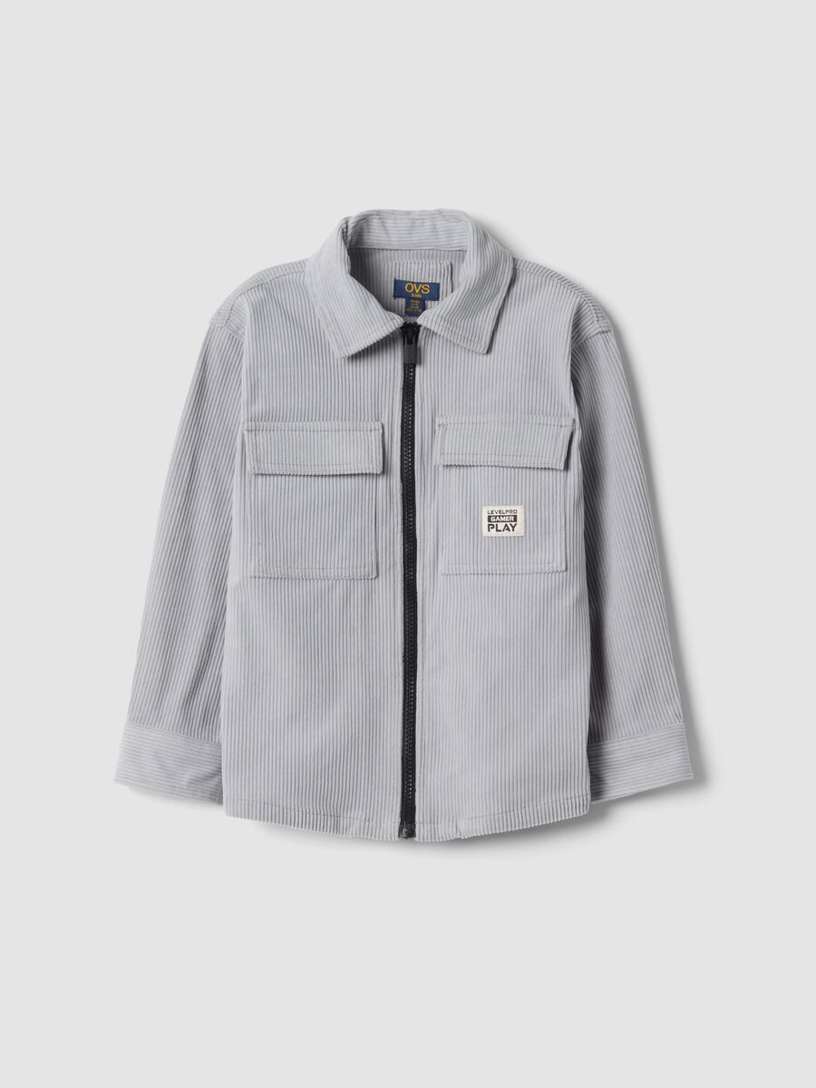 Grey ribbed shirt with zip and classic collar, oversized fit_0