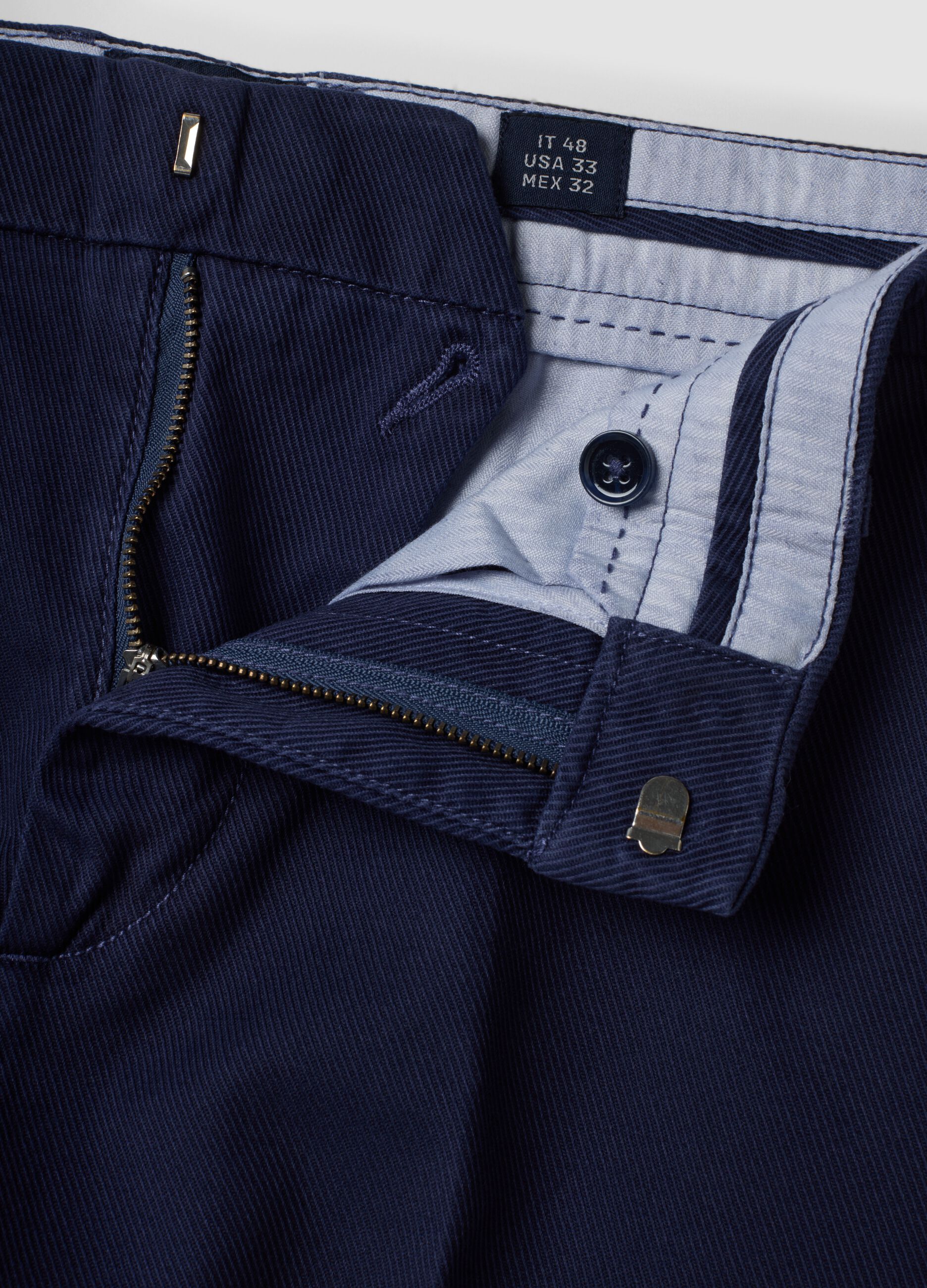 Blue stretch cotton twill chino trousers, regular tapered fit