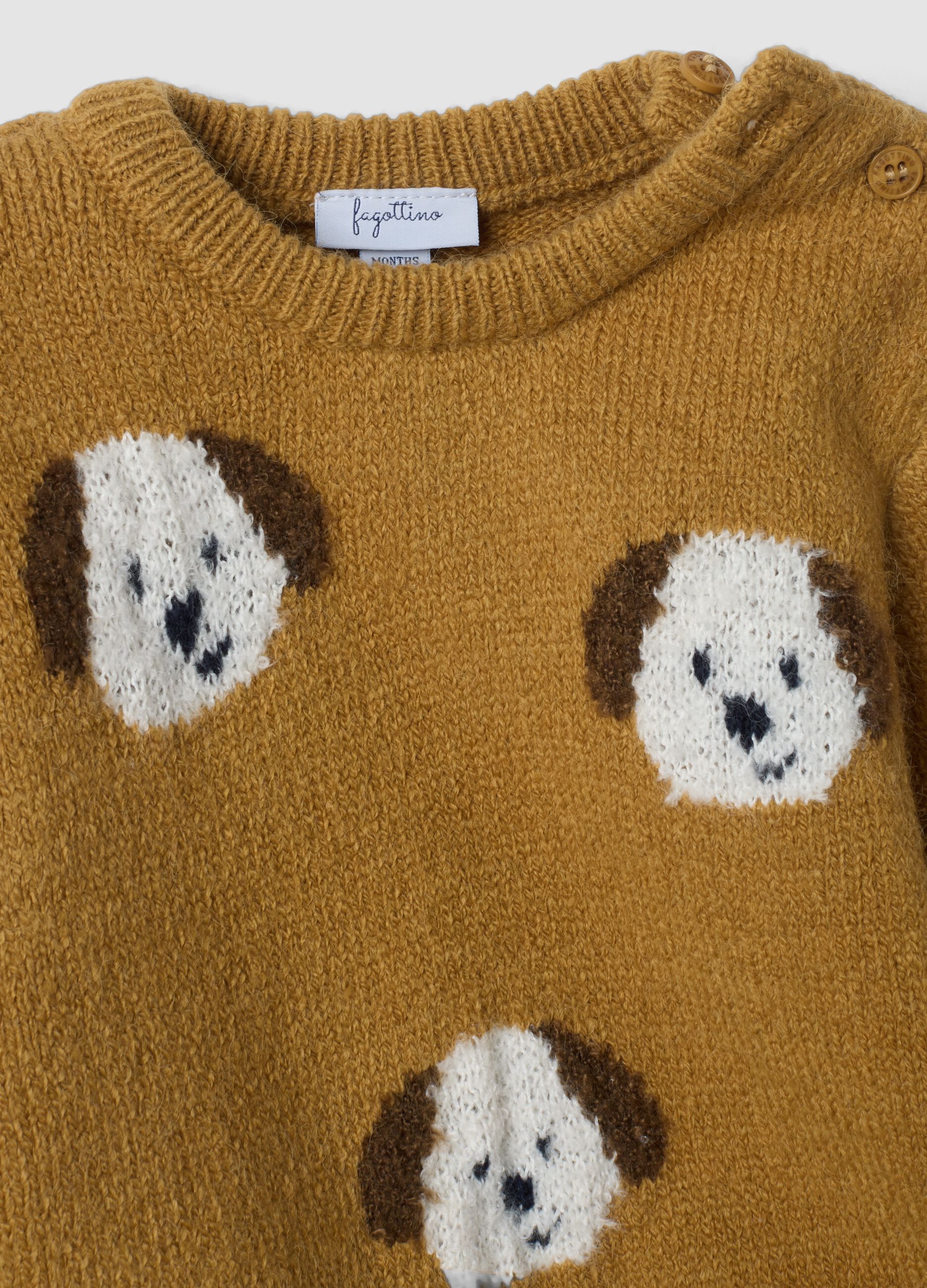 Maglione marrone girocollo jacquard con cagnolini