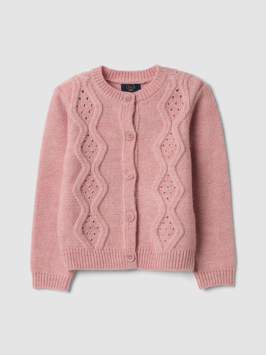 Pink crew-neck openwork knit cardigan_0