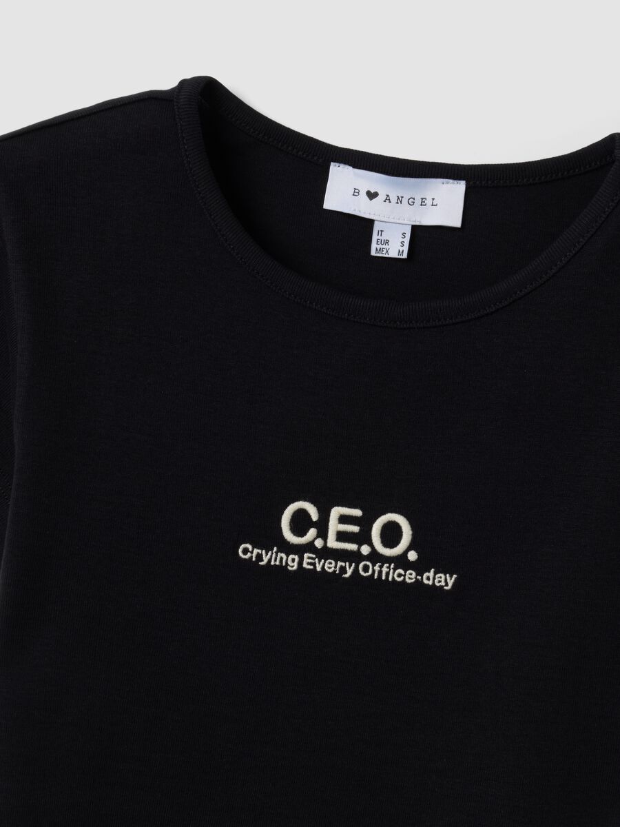 Black pure cotton crew-neck T-shirt with slogan_2