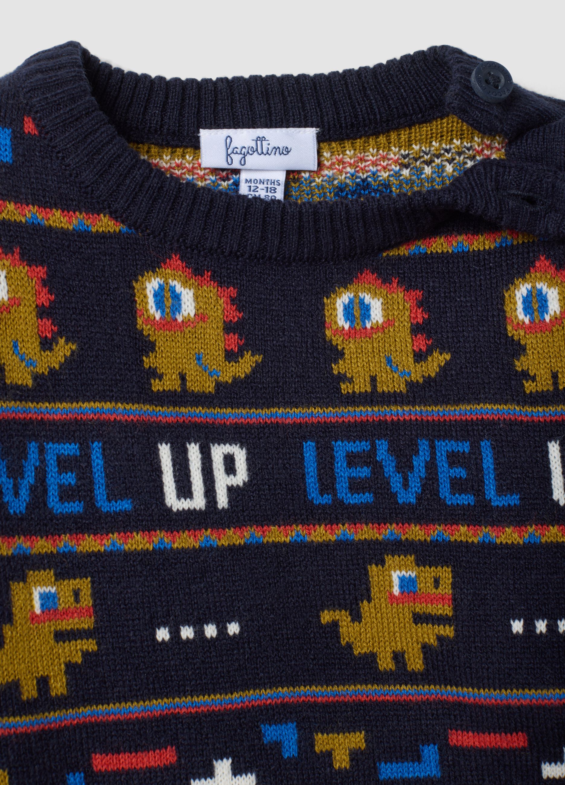 Blue crew-neck jacquard knit jumper, regular fit