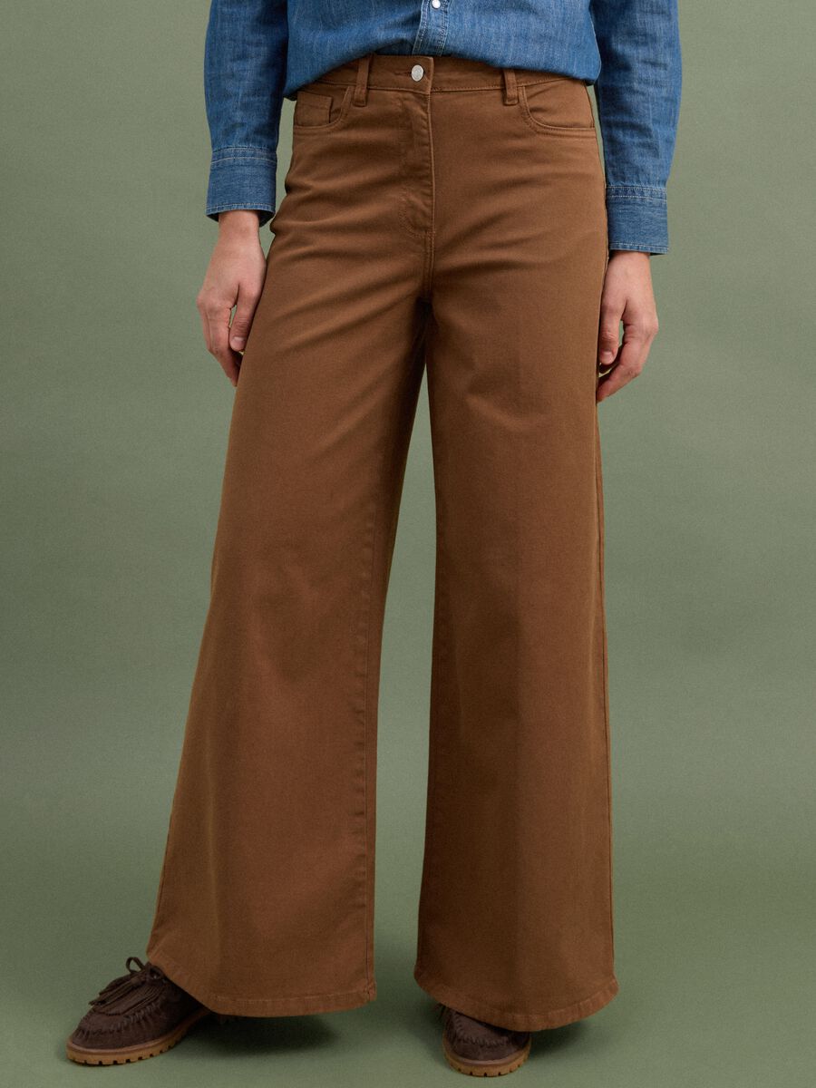 Brown wide-leg stretch cotton trousers_2