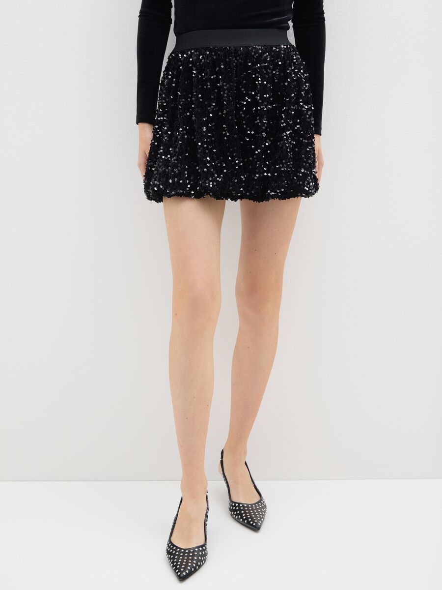 Black balloon miniskirt in regular fit velour blend with sequins_1