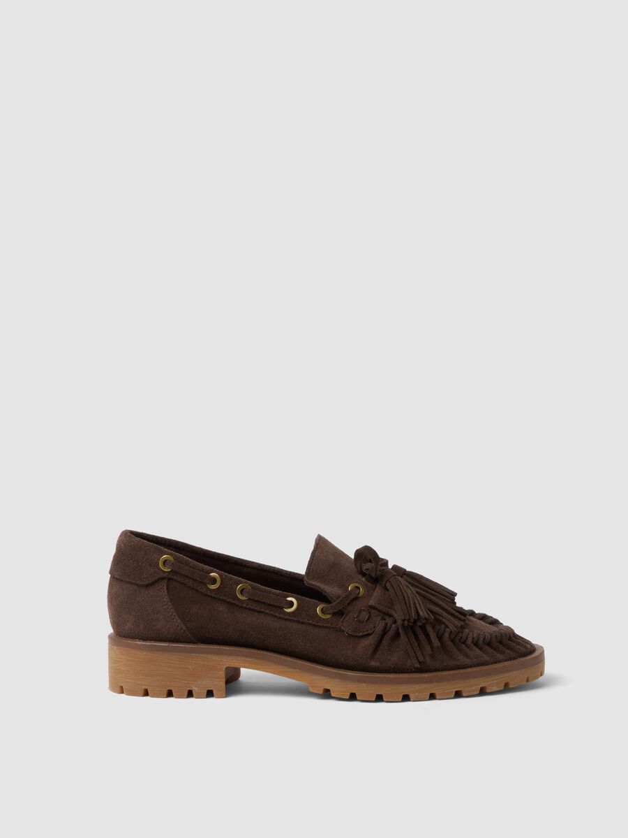 Brown genuine leather tassel loafers_0