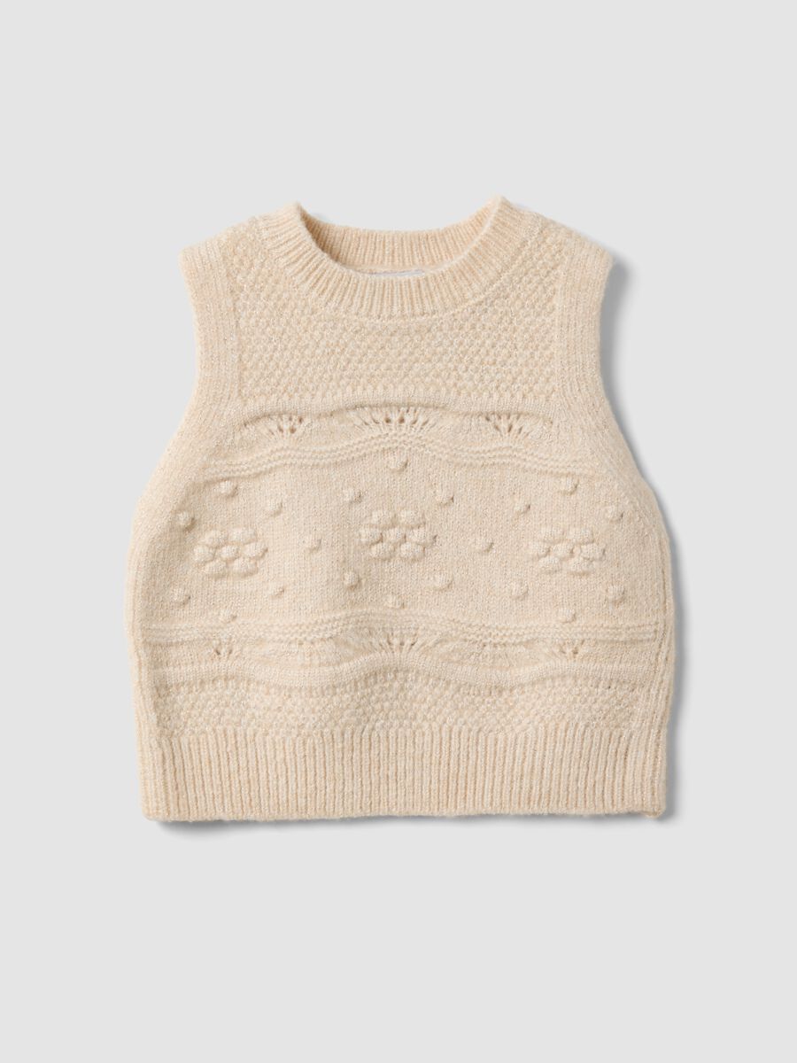 White knitted gilet with raised pattern for baby girl_0