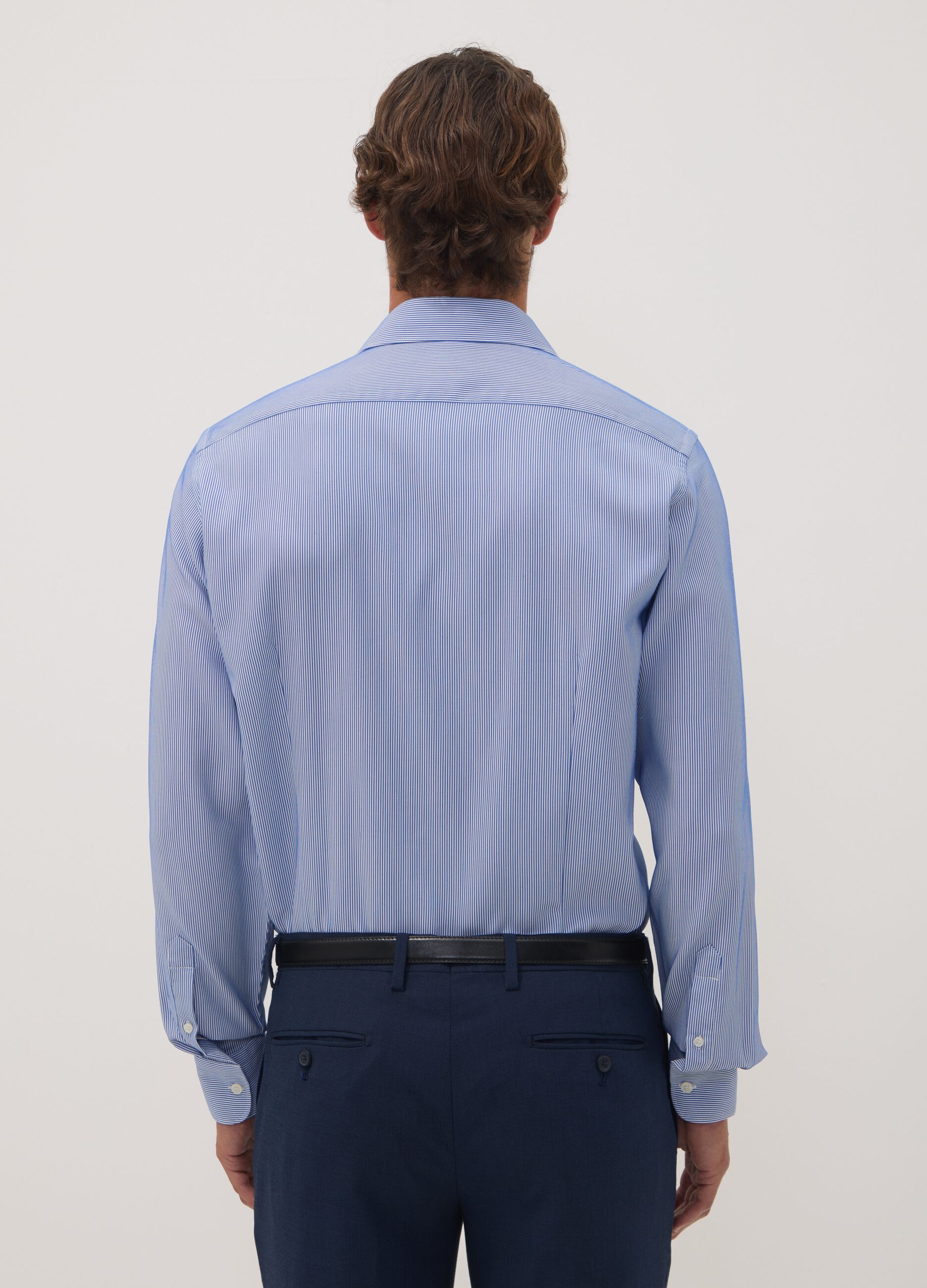 Camicia bianca e blu in dobby di misto lyocell a righe slim fit Easy Iron