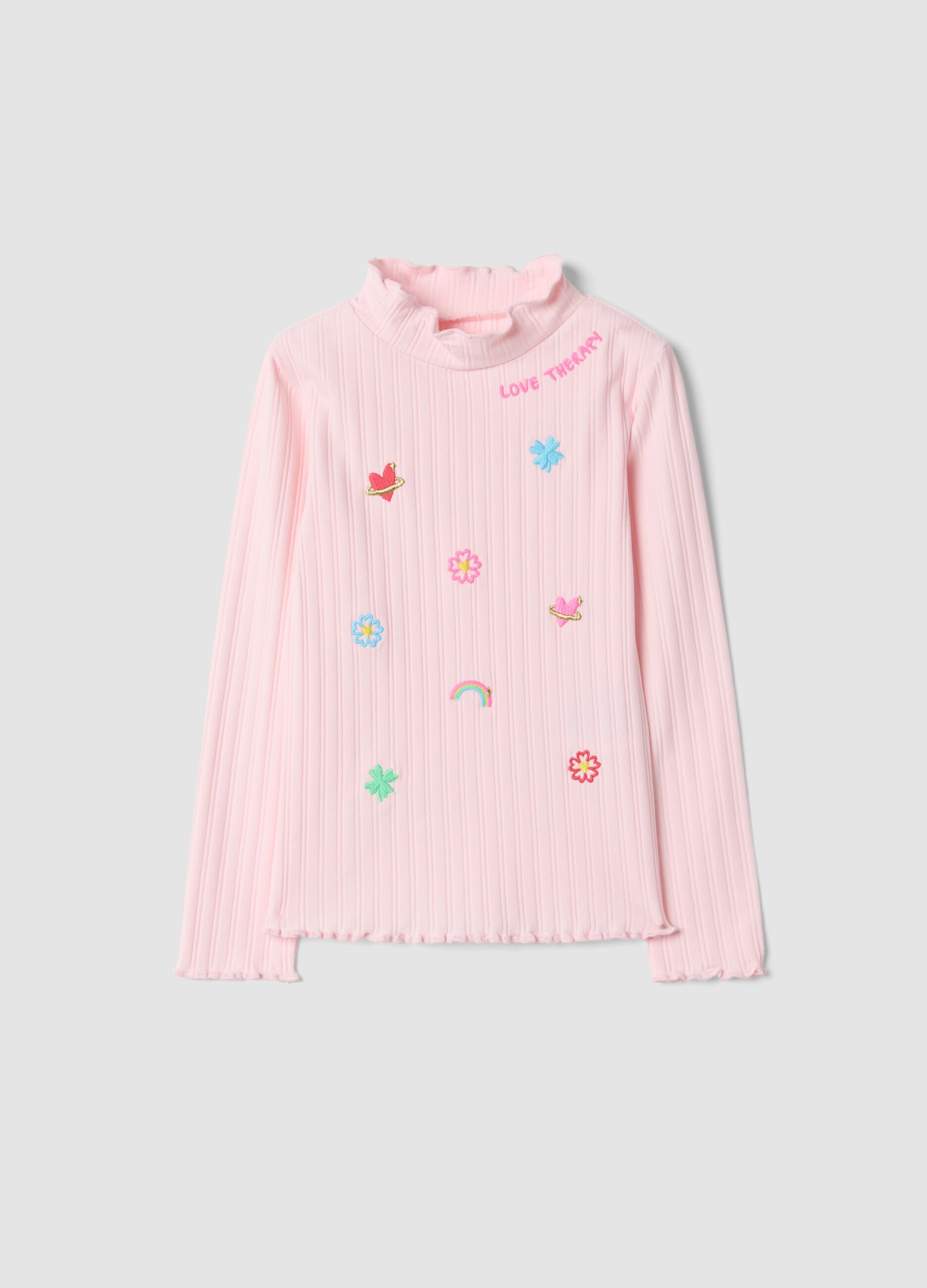T-shirt rosa in cotone elasticizzato a collo rialzato con ricami decorativi