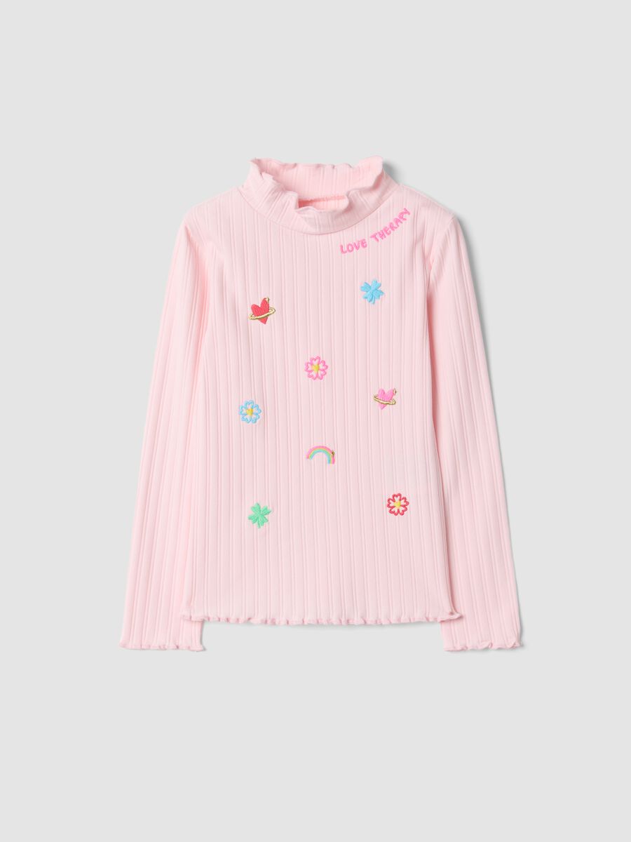 Pink stretch cotton high-neck T-shirt with decorative embroidery_0