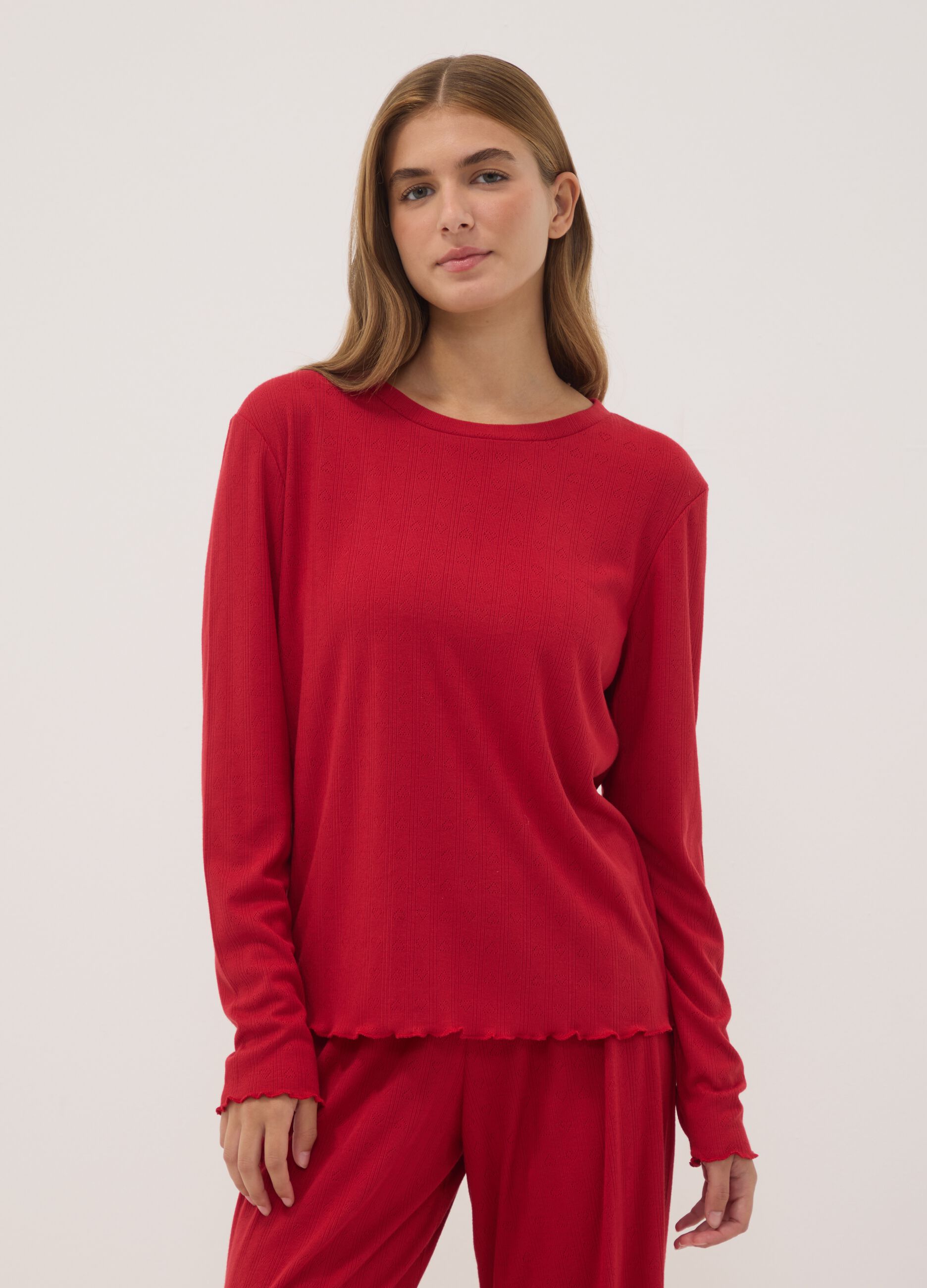 Dark red viscose-blend crew-neck pyjama set