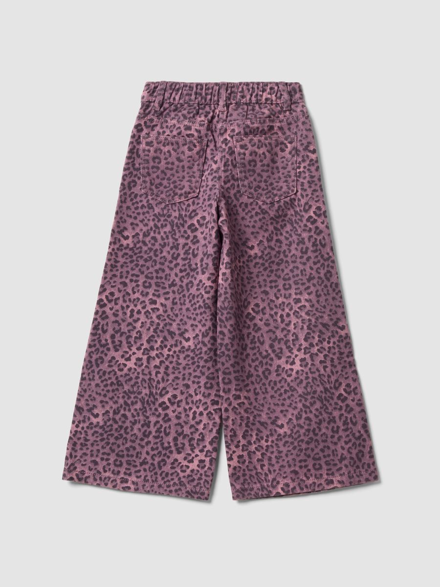 Purple wide-leg pure cotton trousers with animal print for girls_2