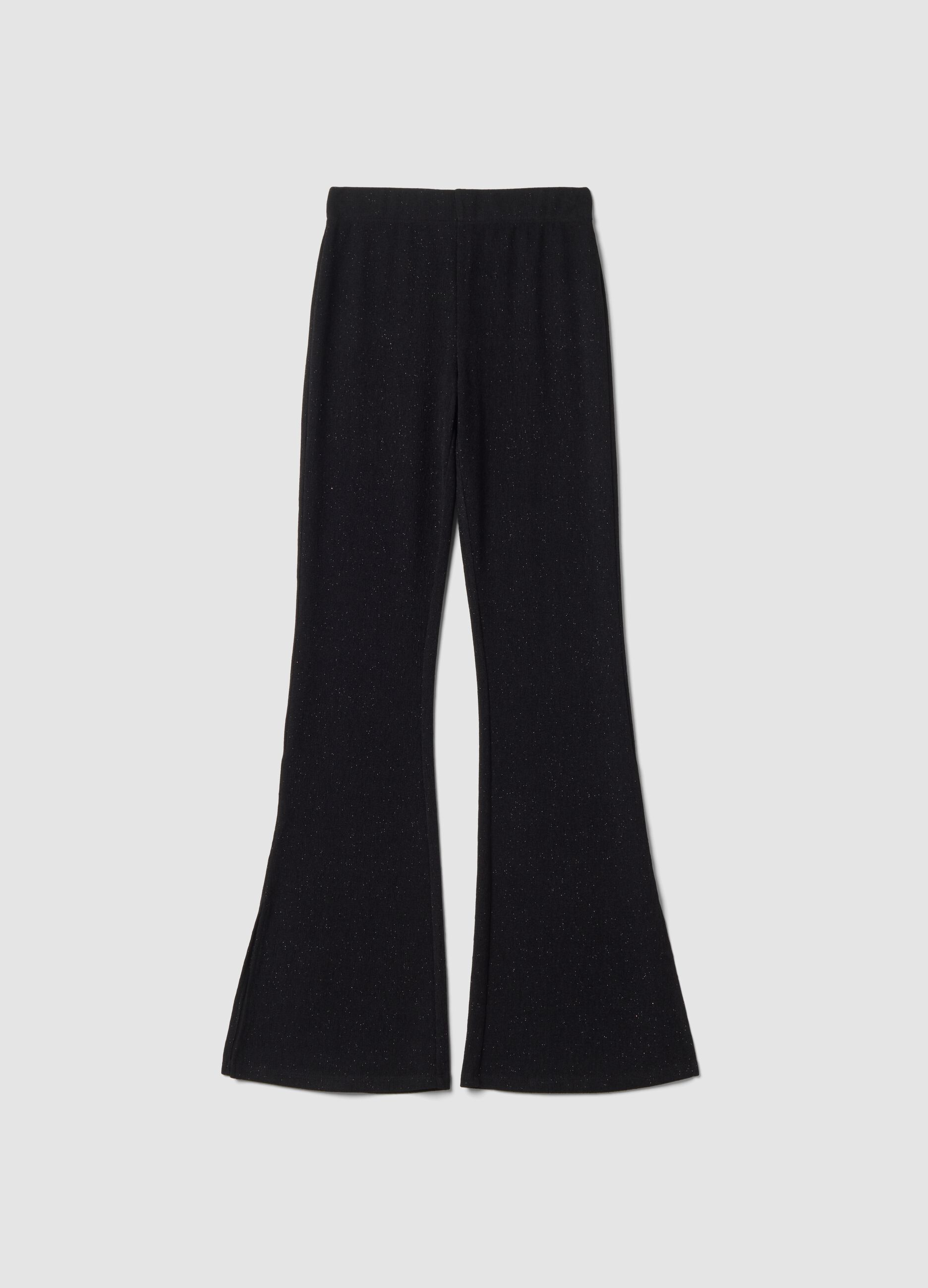 Pantaloni neri in tessuto elasticizzato a zampa slim fit con glitter