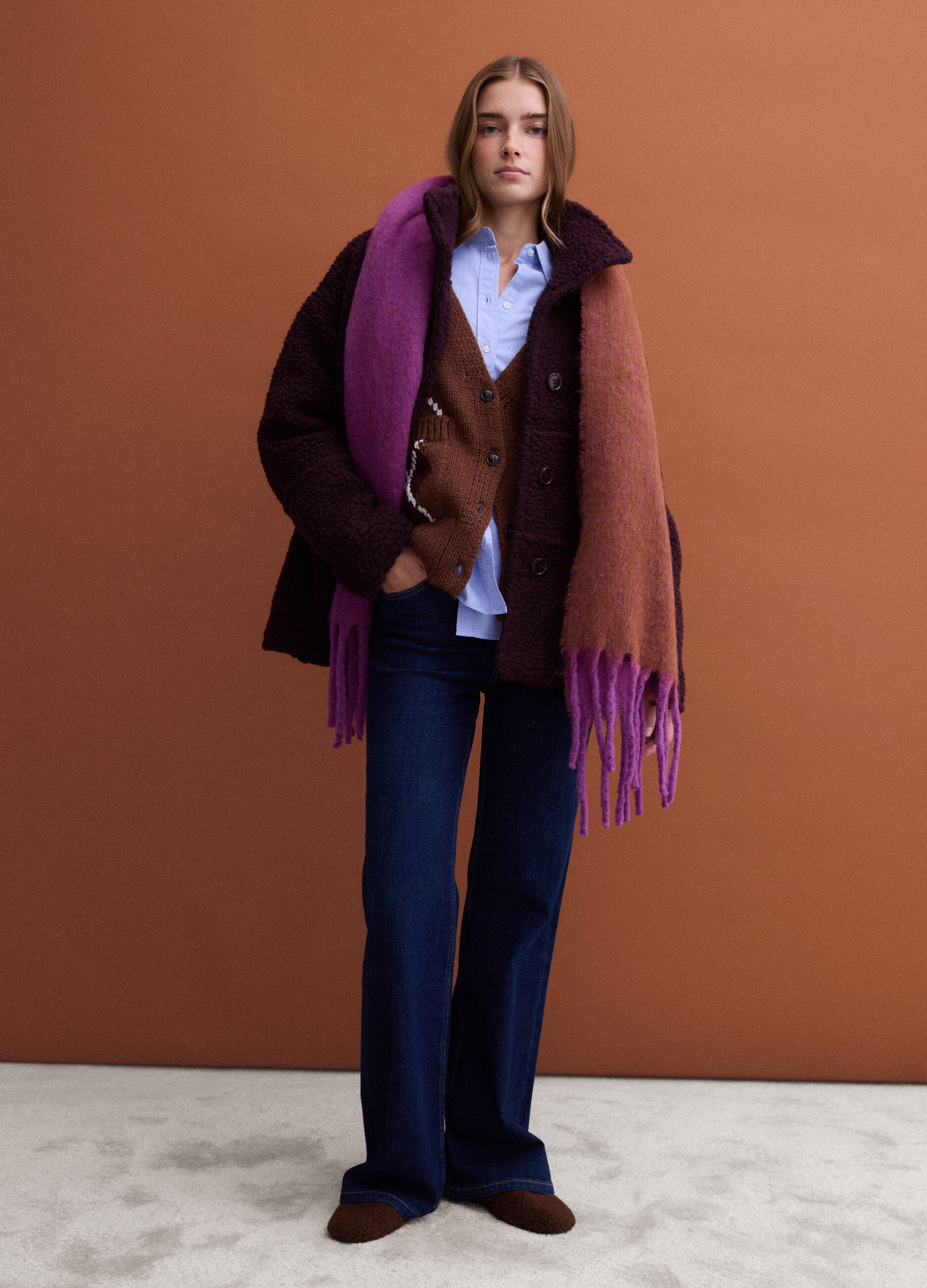 Purple wool-blend scarf with fringes