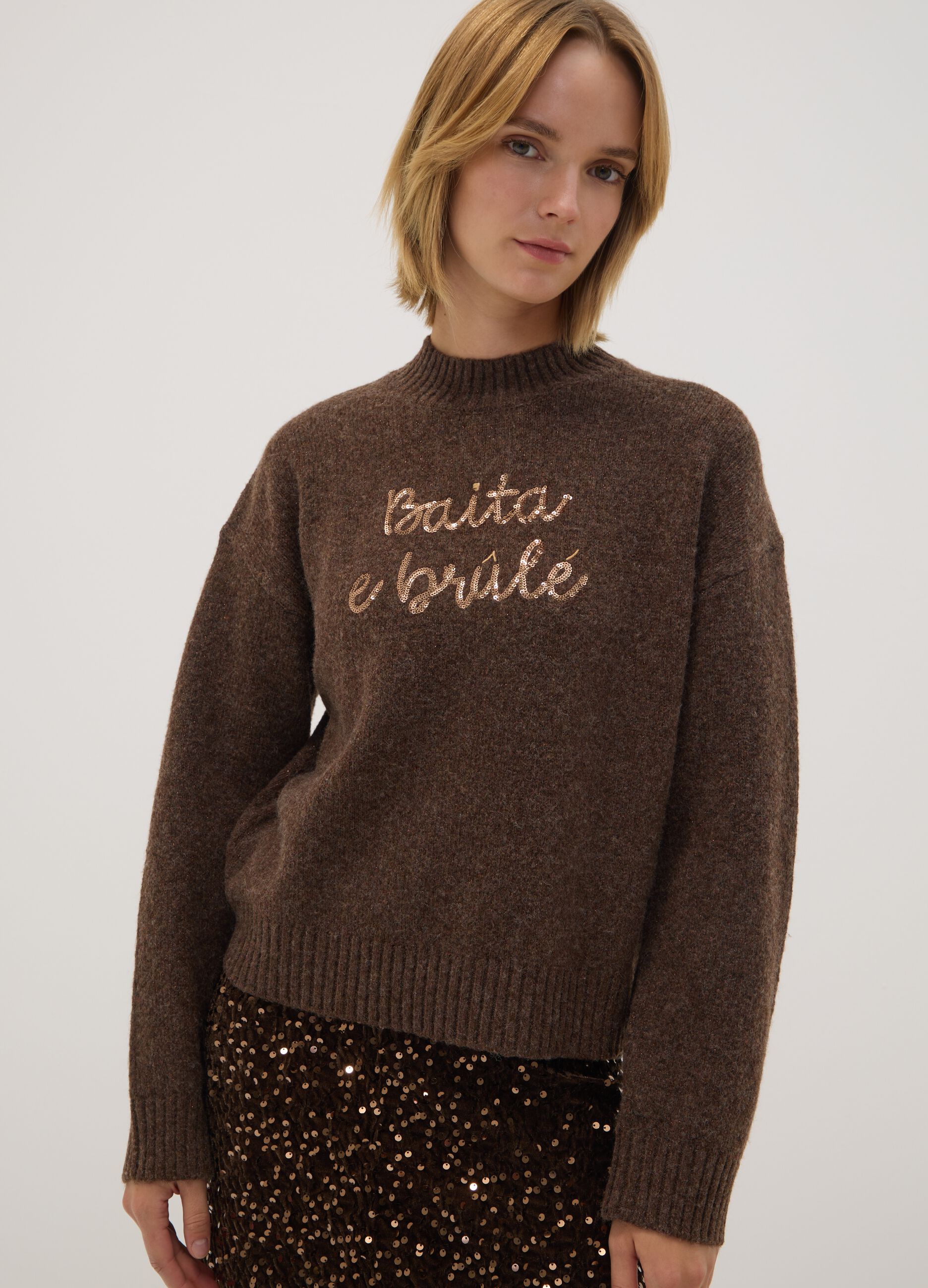 Brown wool-blend jumper with high neck, oversized fit