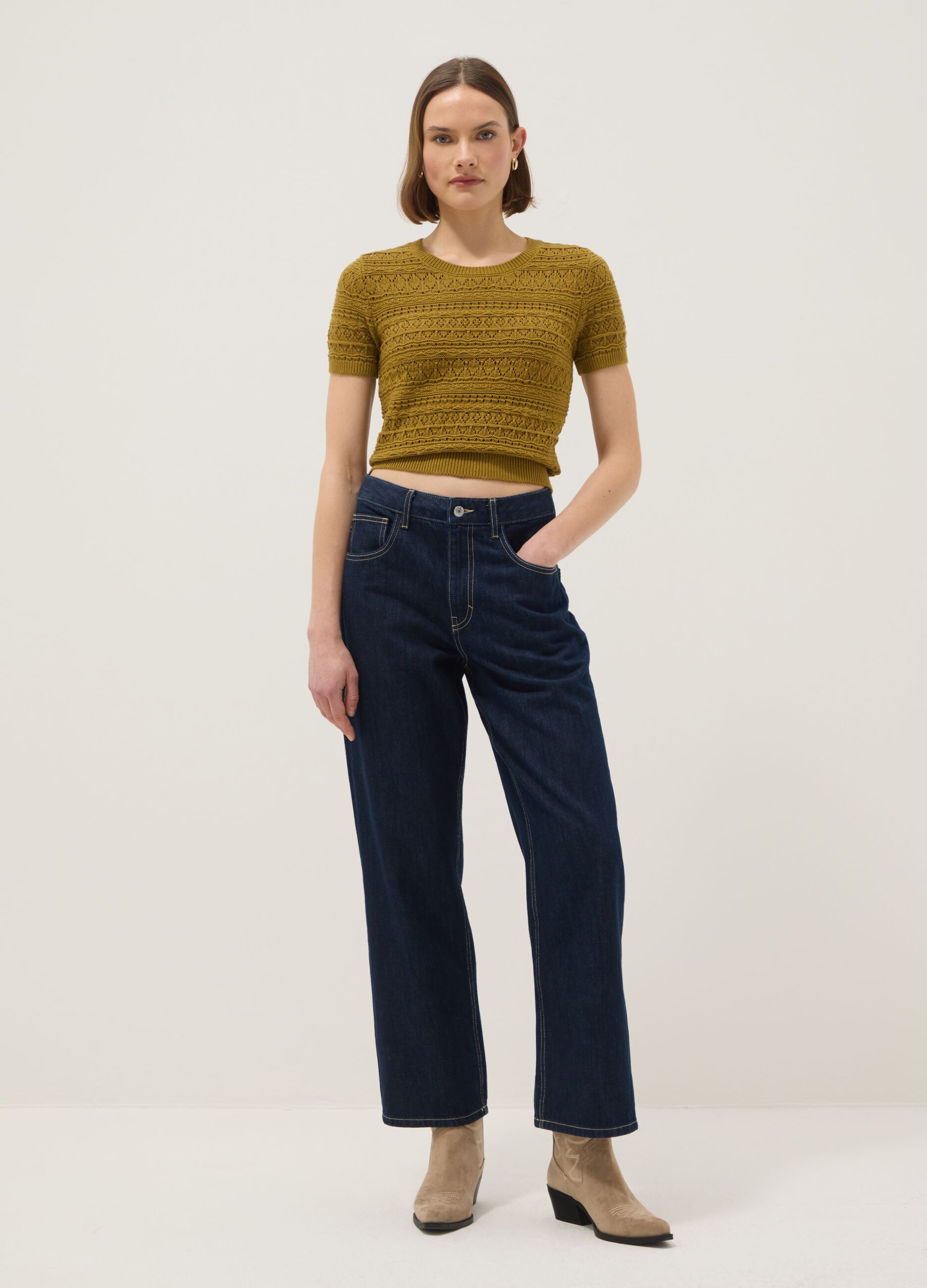 Yellow pure cotton regular fit knitted shirt