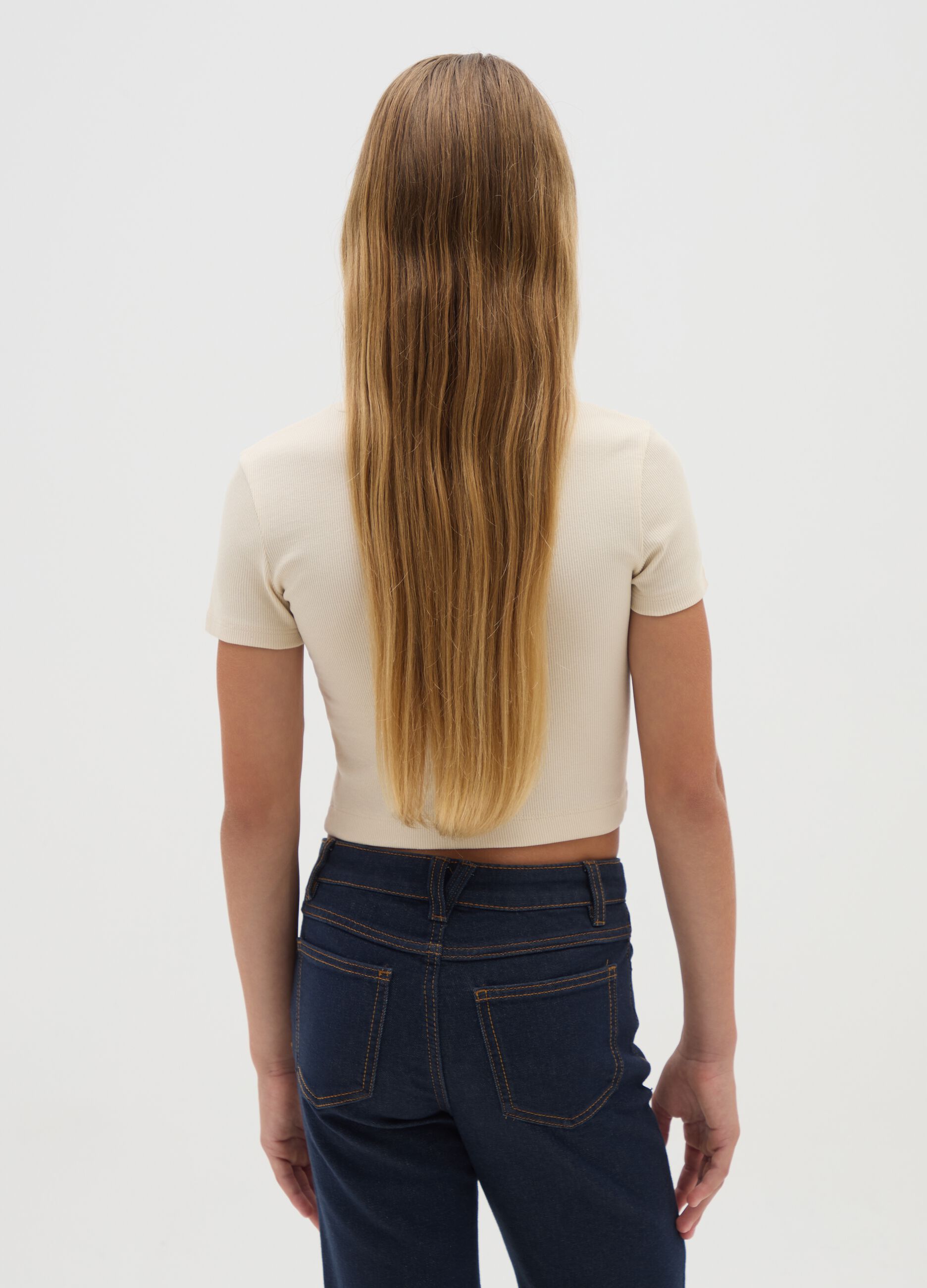 Girls' beige stretch cotton T-shirt