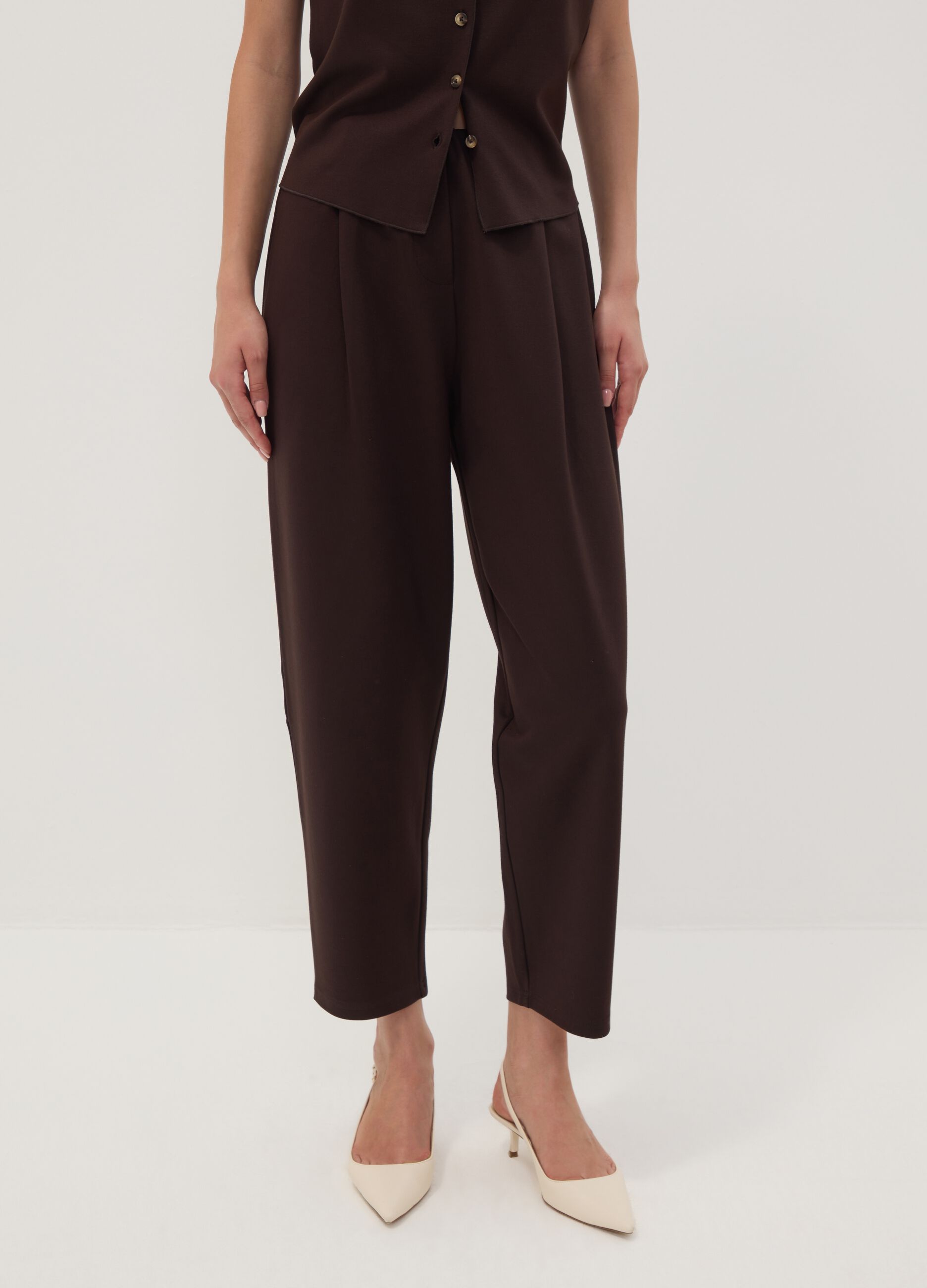 Brown stretch viscose Milano stitch barrel-fit jogger trousers
