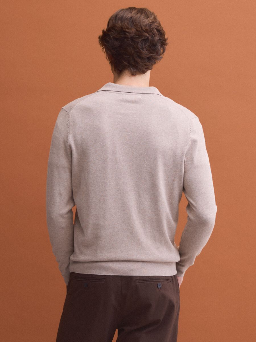 Beige long-sleeve pure cotton polo shirt_3