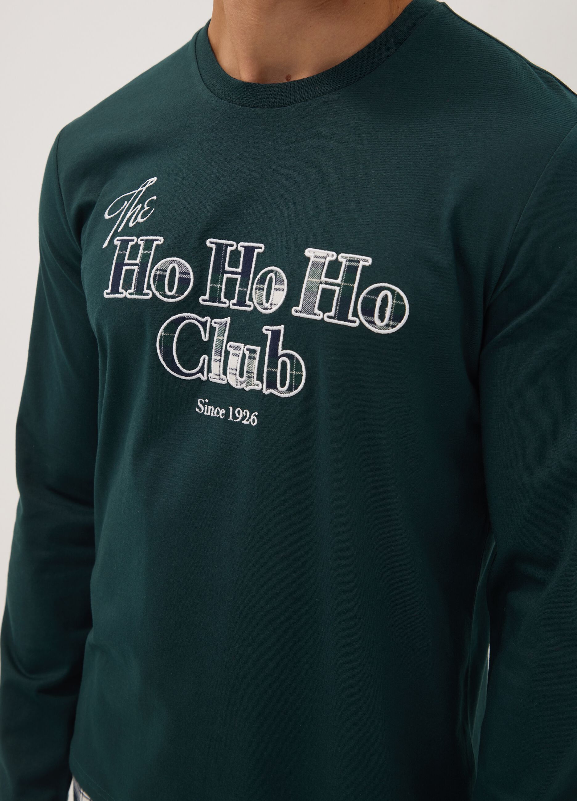 Dark green pure cotton crew-neck pyjamas