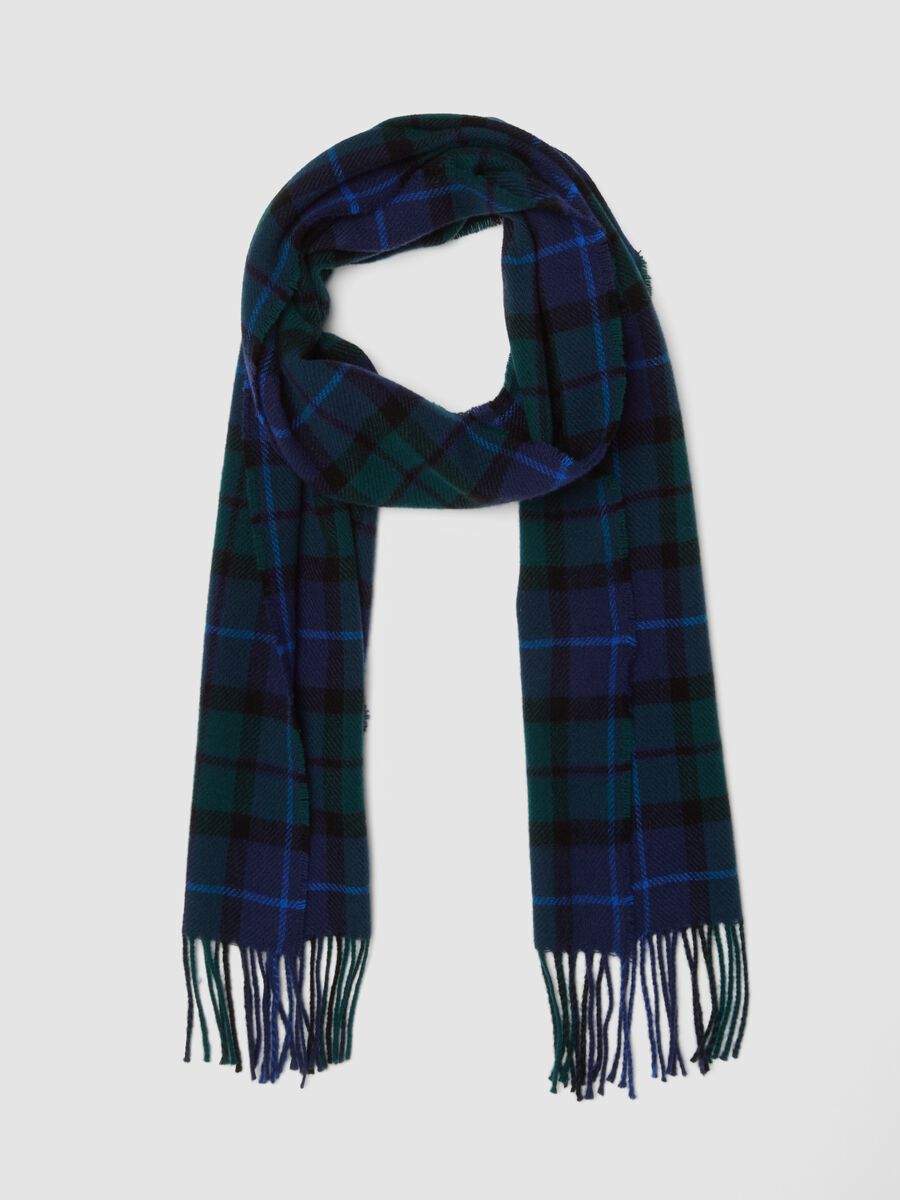 Blue pure wool scarf with fringes and check pattern_0