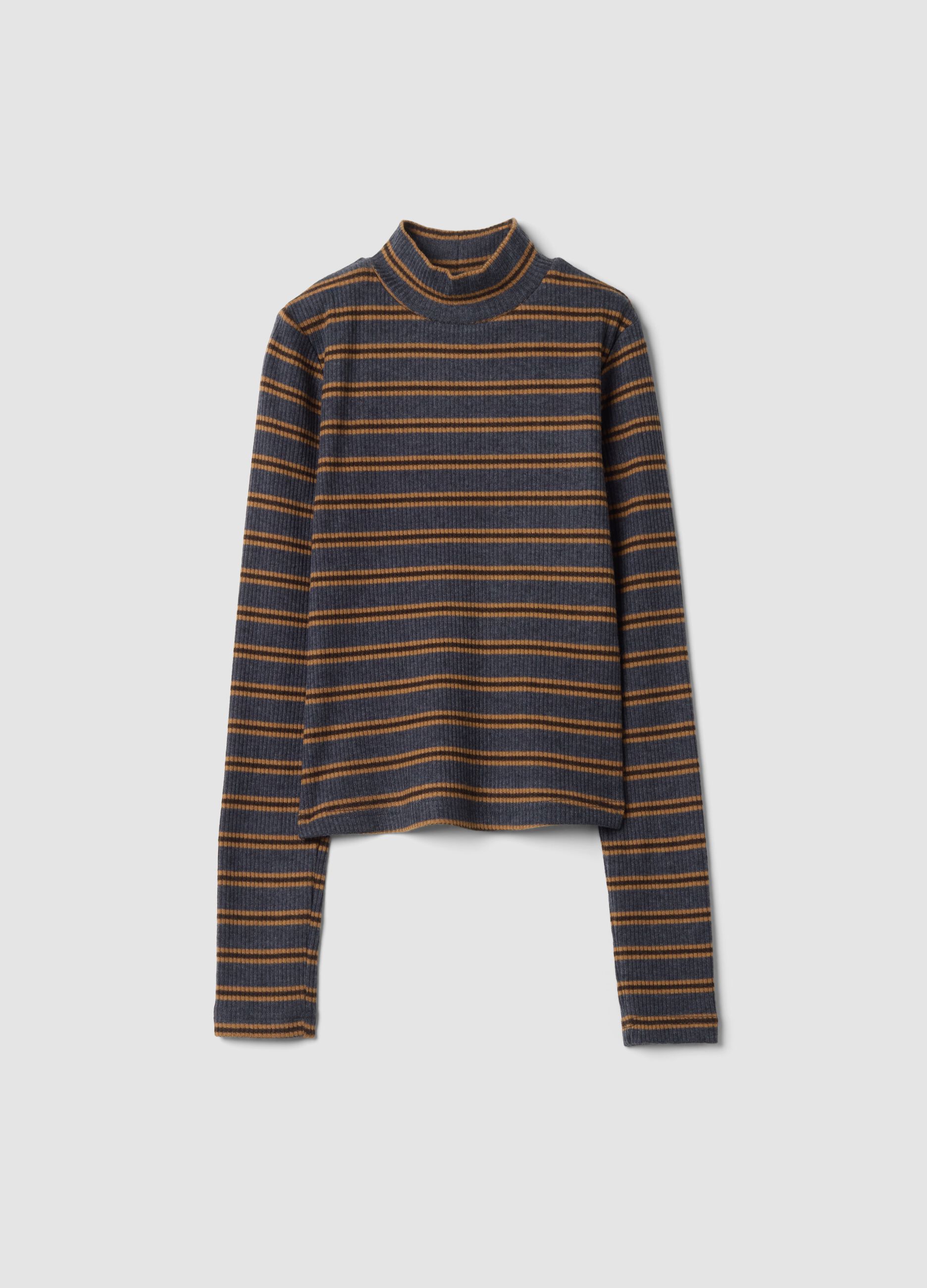 Blue striped stretch-fabric T-shirt with funnel neck