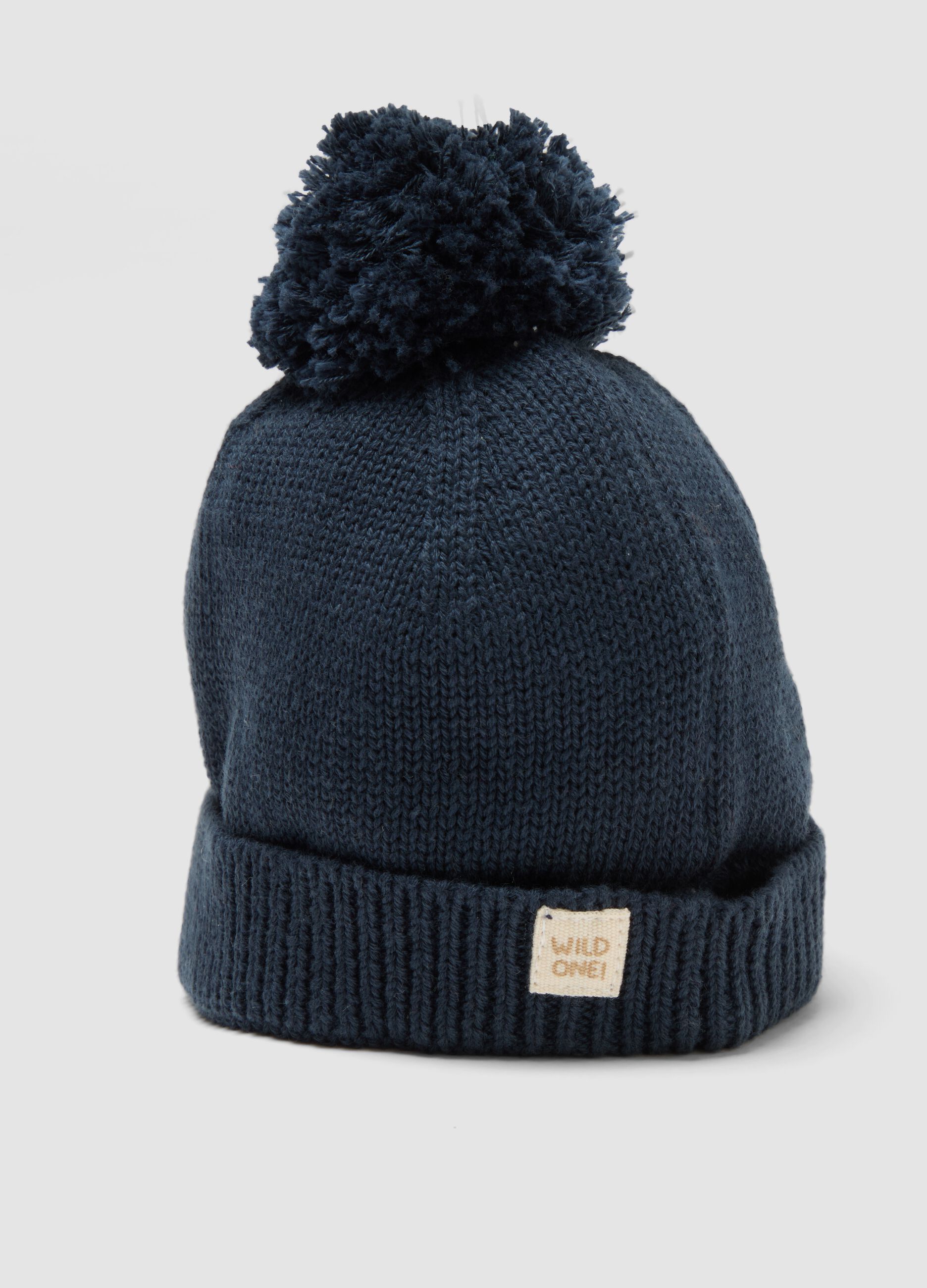 Blue pure cotton knitted hat with pom‑pom